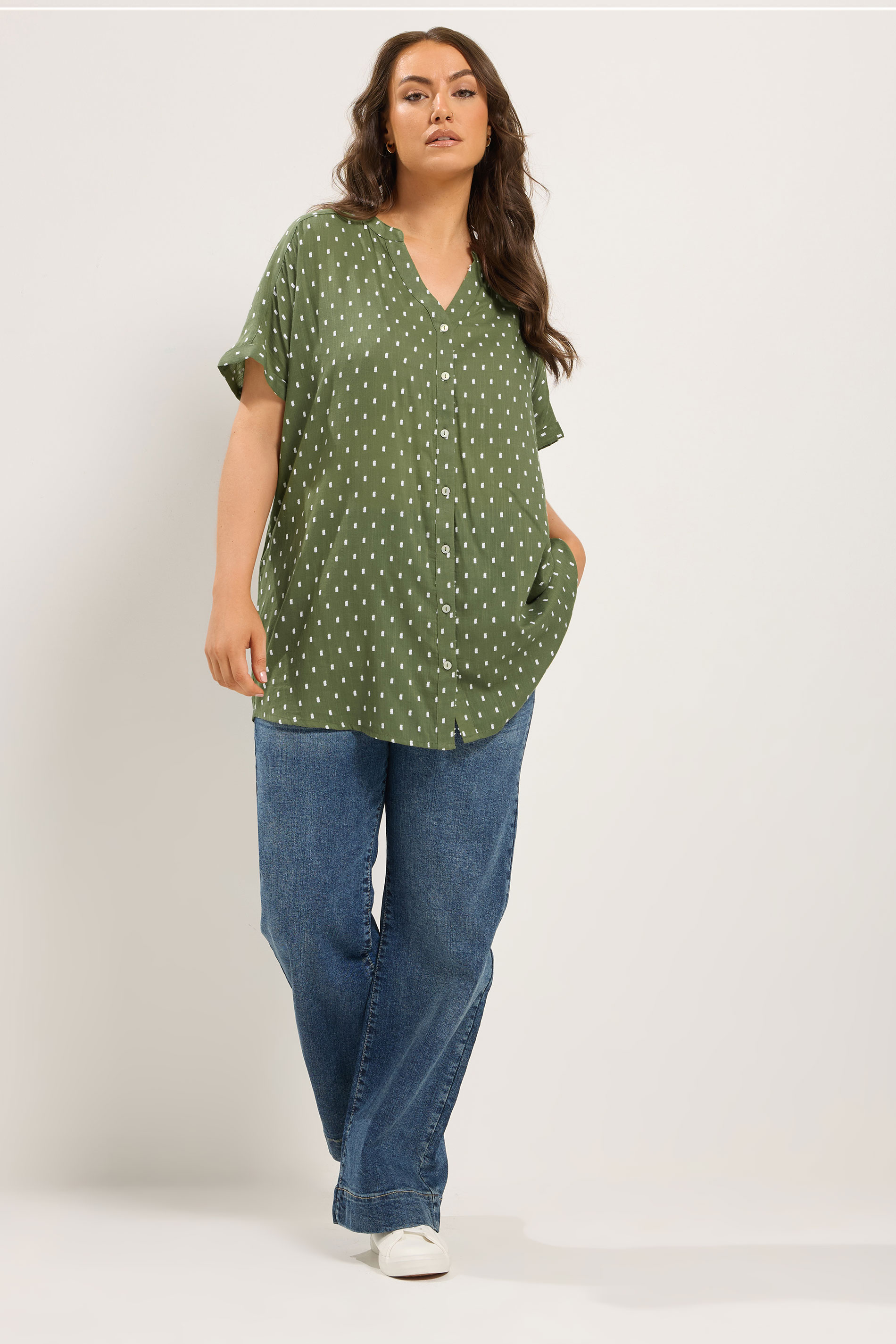 YOURS Curve Green Notch Neck Dobby Blouse | Yours Clothing 1
