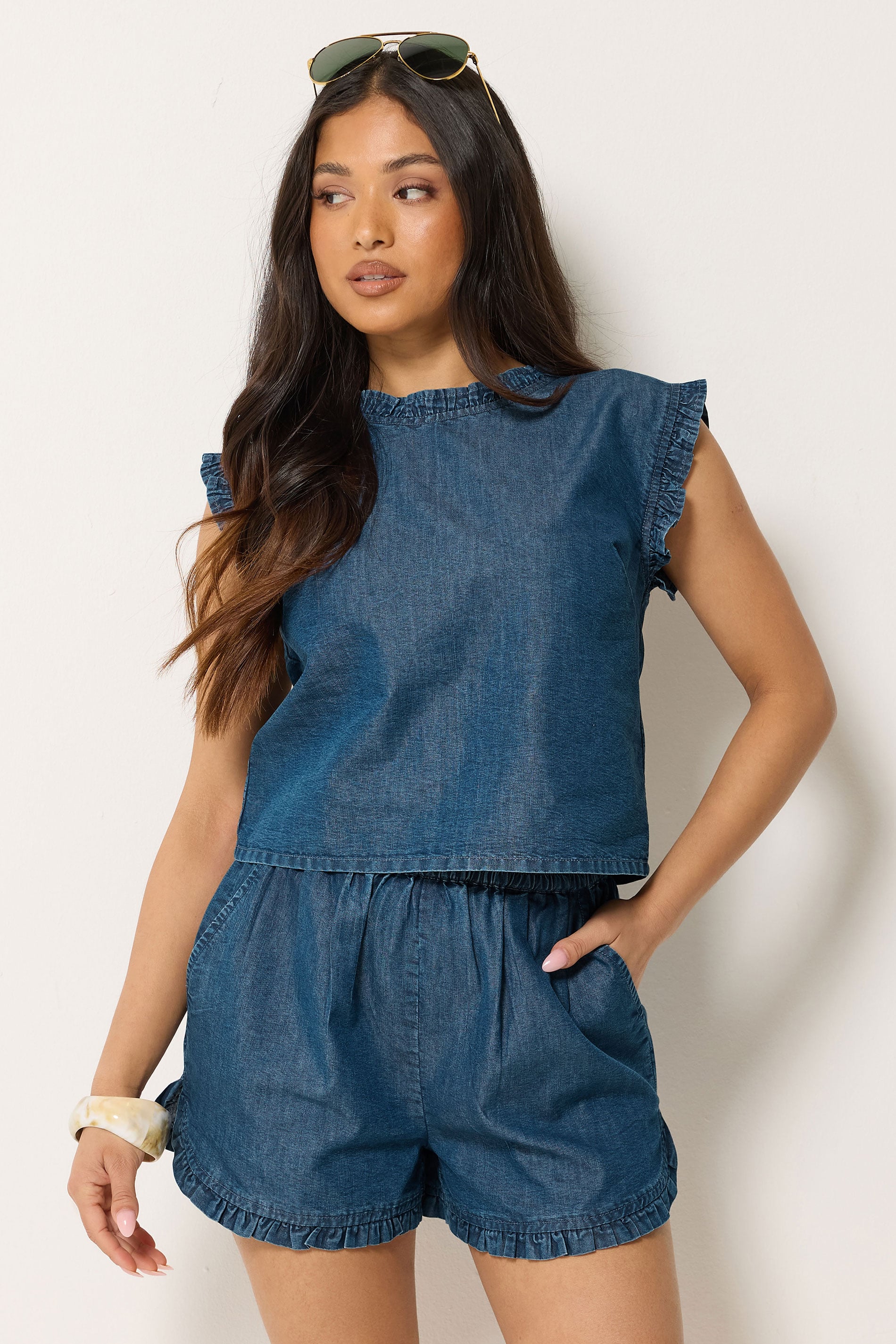 PixieGirl Petite Women's Set Blue Frill Denim Vest & Shorts | PixieGirl 3