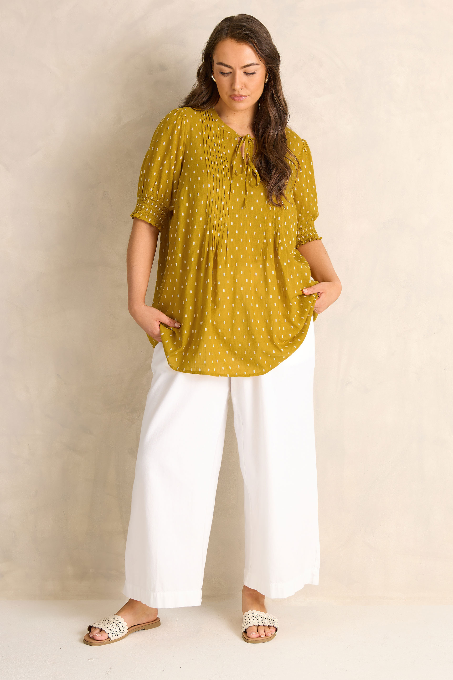 EVANS Plus Size Yellow Dobby Tie Neck Blouse | Evans 2
