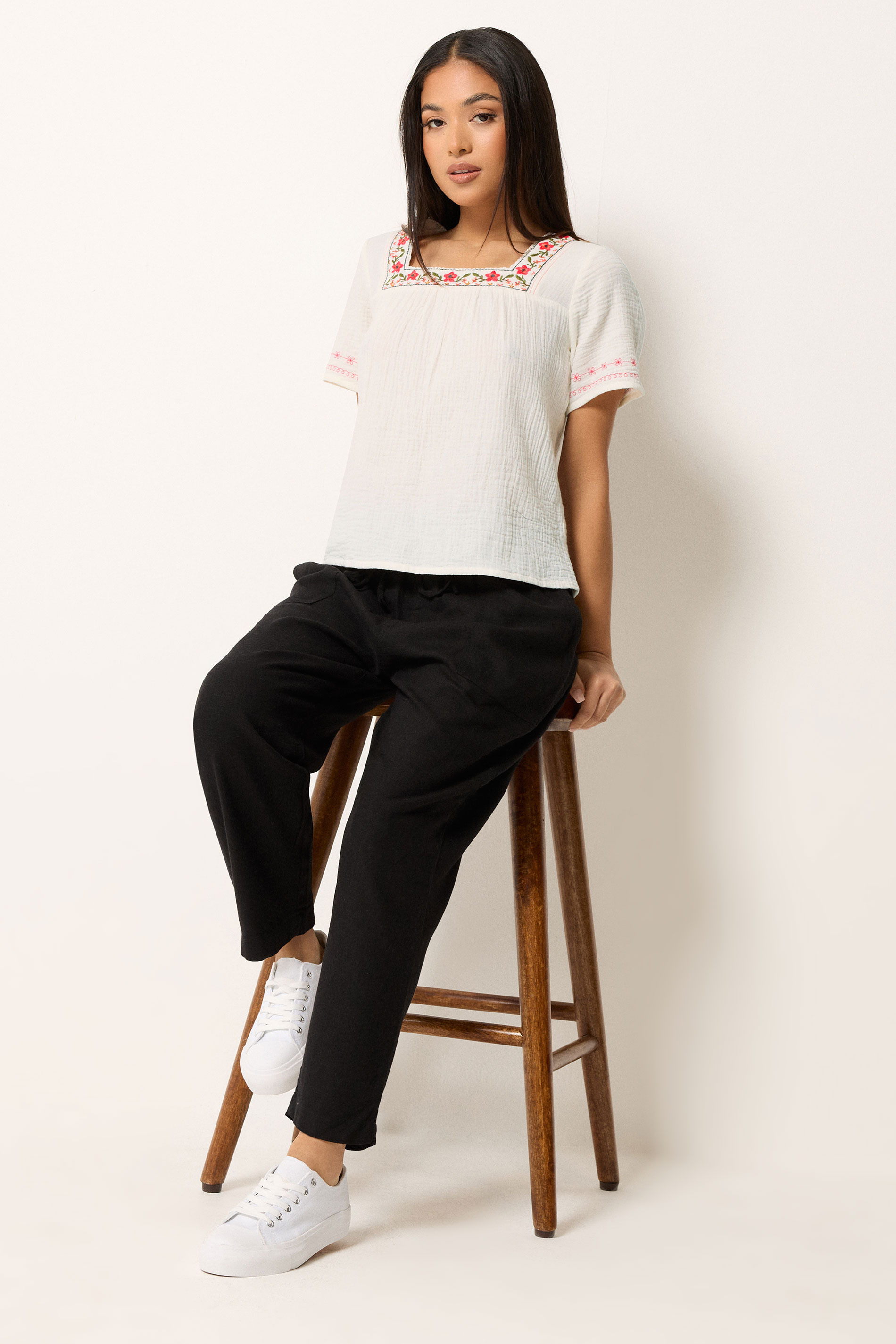 M&Co Petite White Floral Embroidered Cotton Square Neck Blouse | M&Co 1