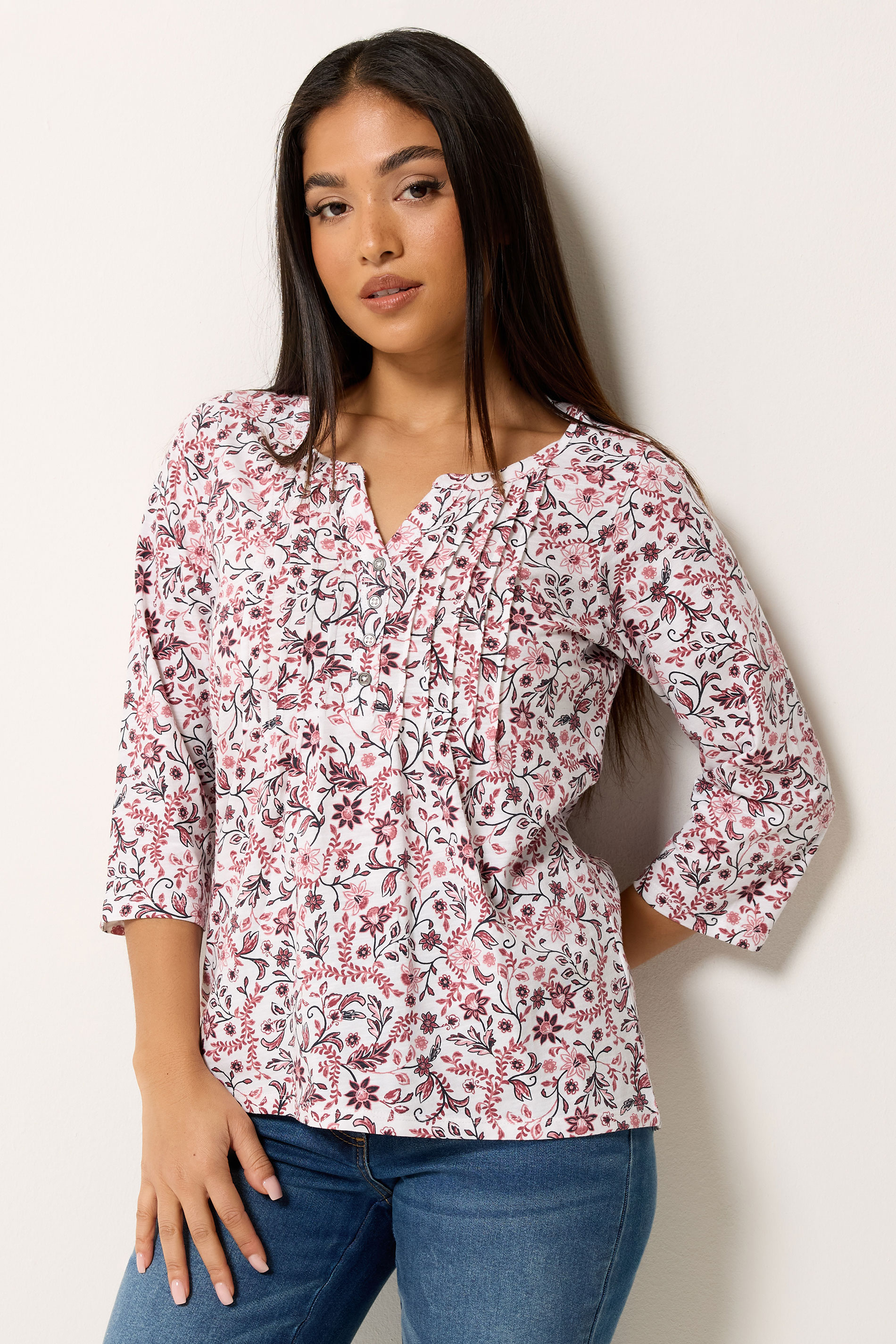 M&Co Petite Pink & White Floral Cotton Henley Top | M&Co 3