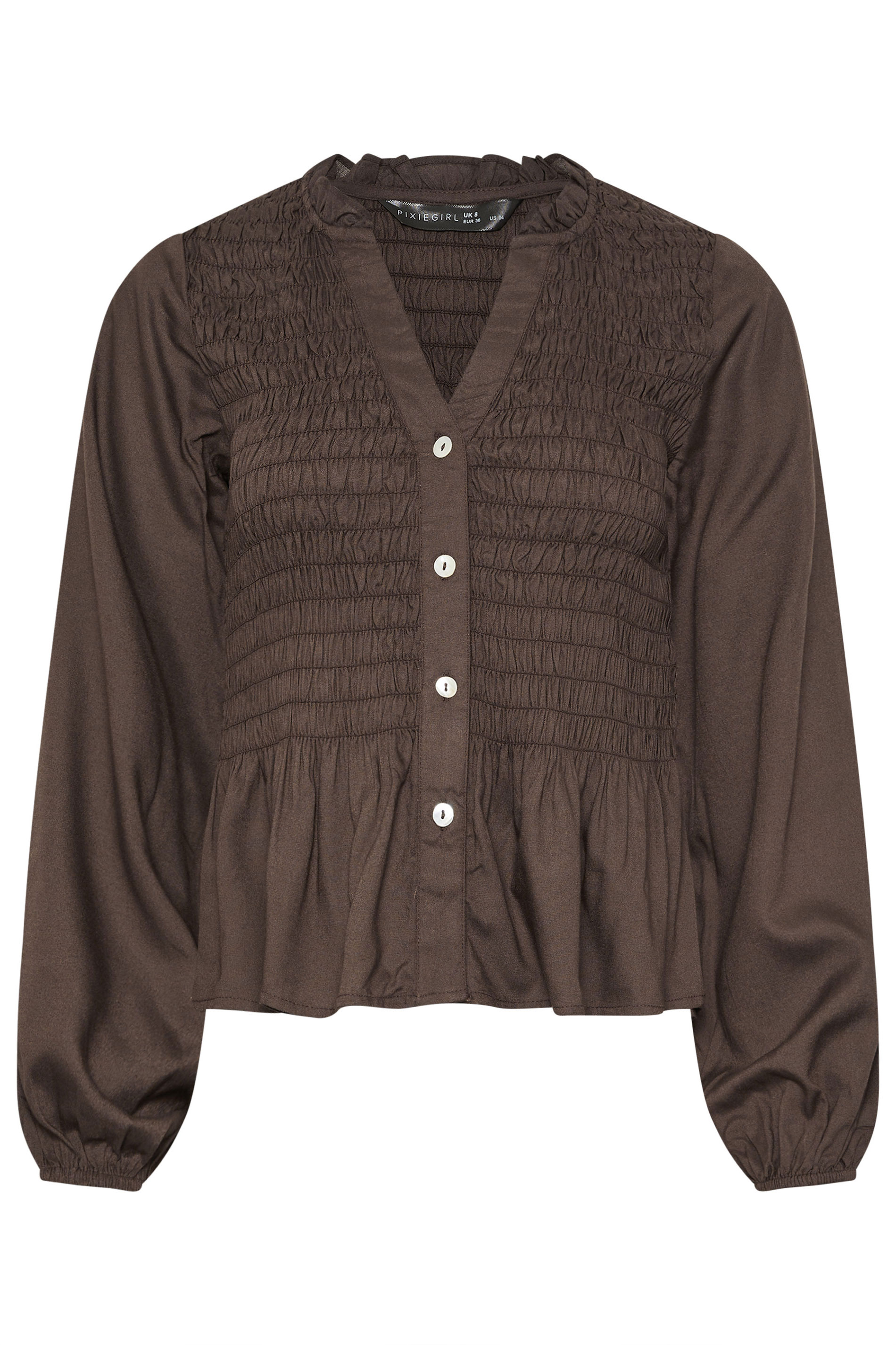 PixieGirl Petite Women's Chocolate Brown Shirred Long Sleeve Shirt | PixieGirl 5