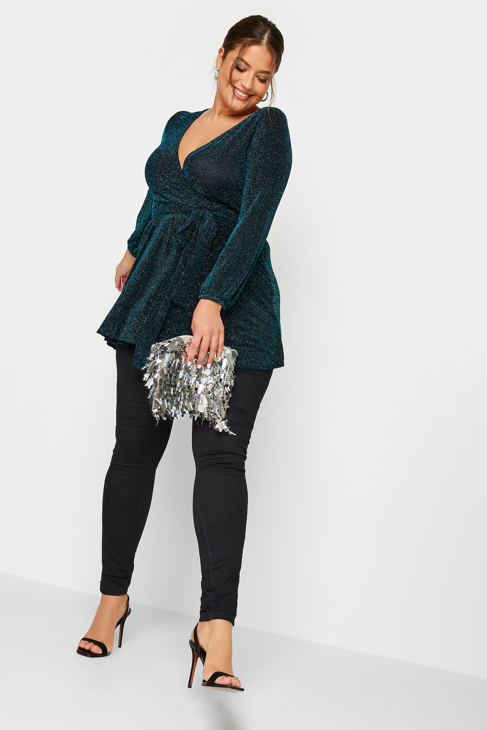 YOURS LONDON Plus Size Teal Blue Glitter Wrap Top | Yours Clothing 2