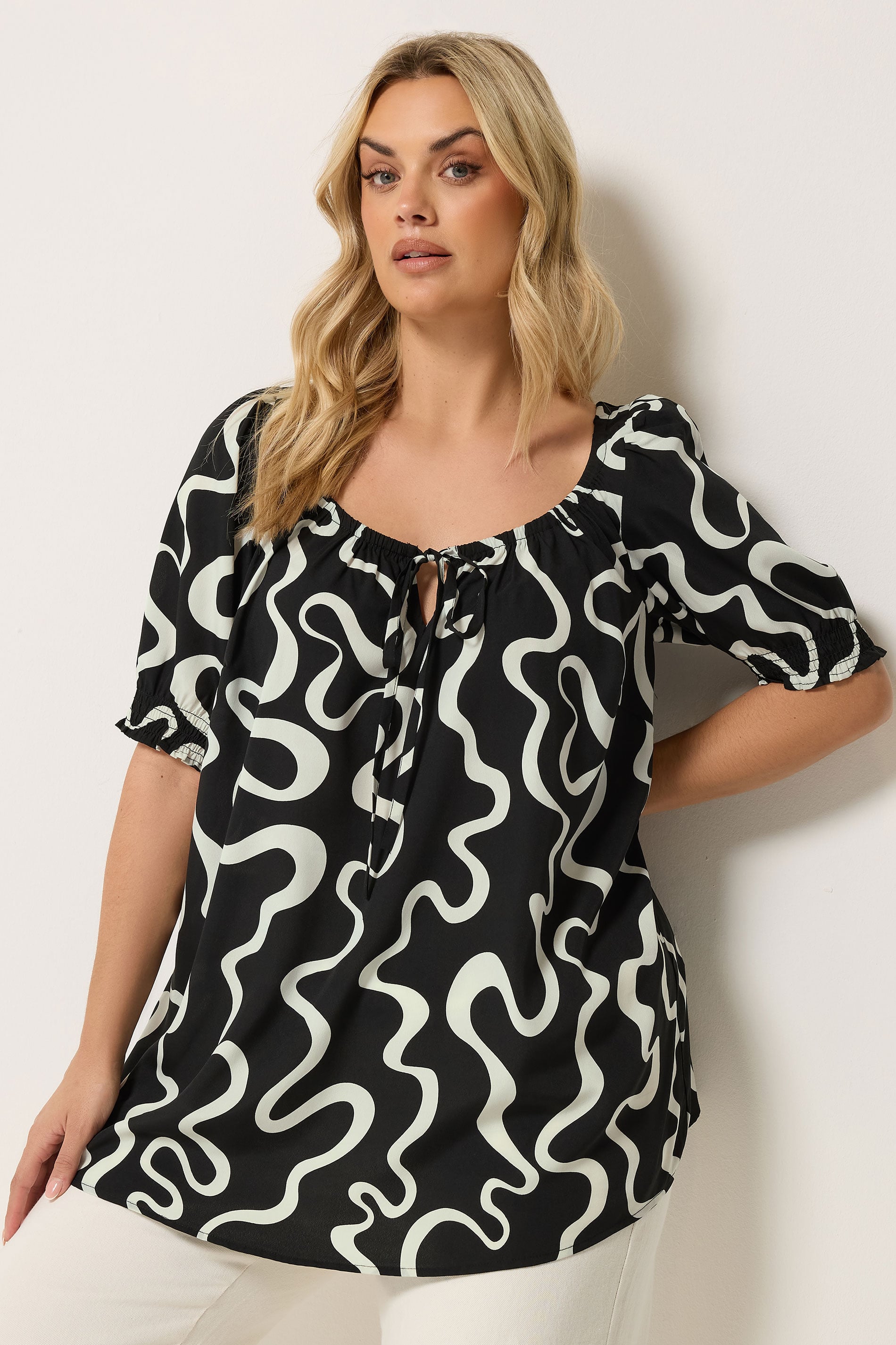YOURS Plus Size Black Abstract Print Tie Front Blouse | Yours Clothing 3