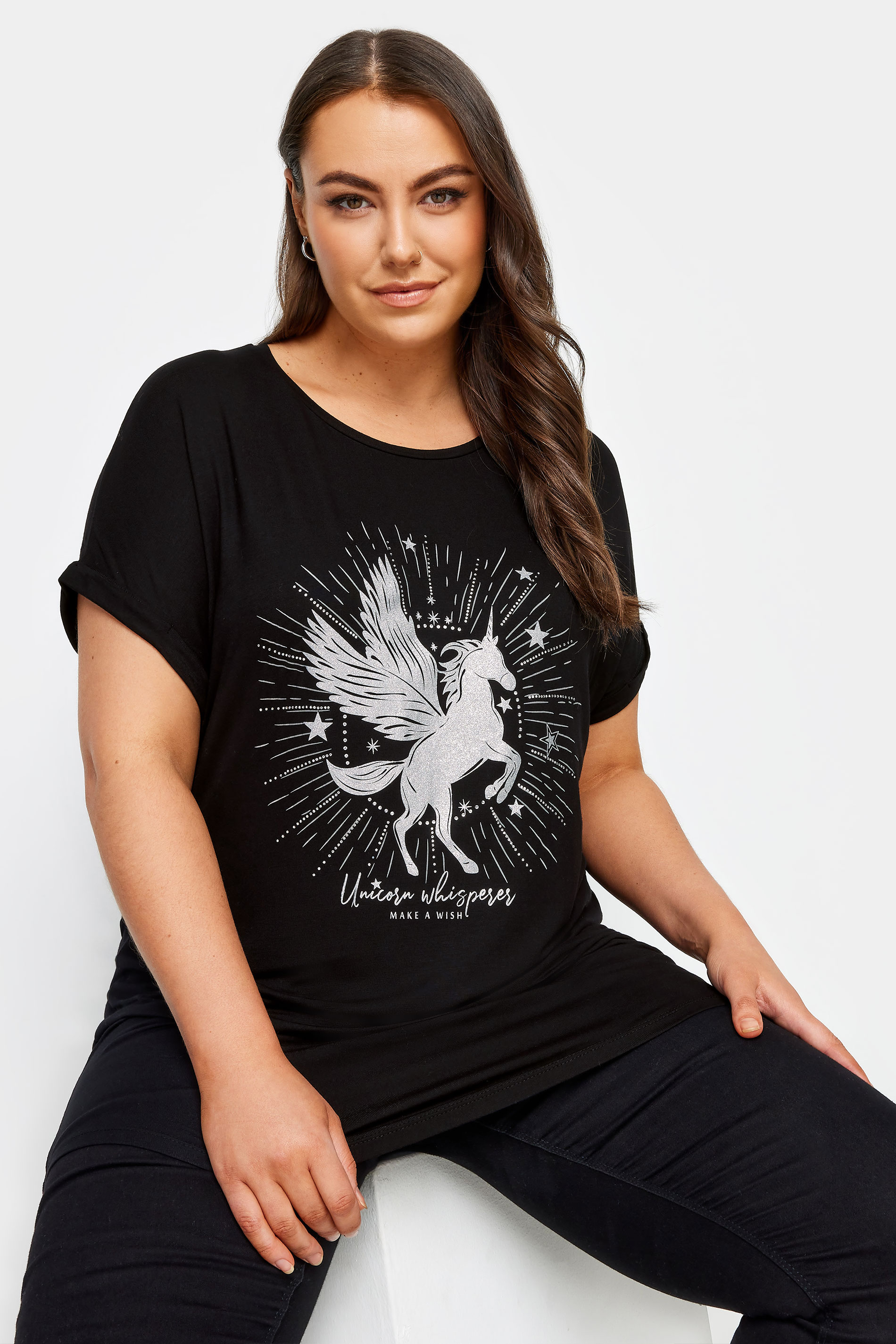 YOURS Plus Size Black Unicorn Design Glitter Embellished T-Shirt | Yours Clothing 1
