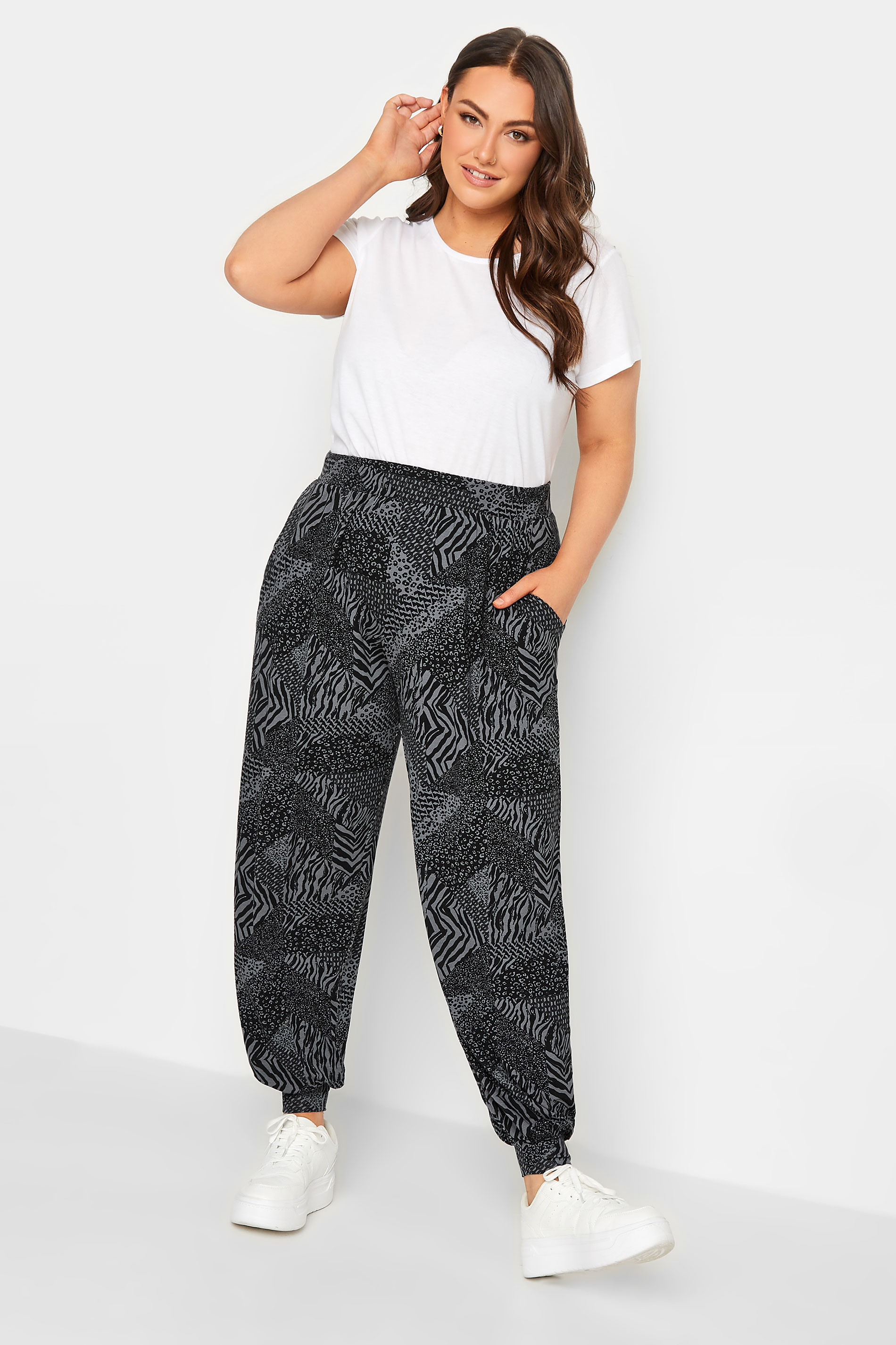 YOURS Curve Plus Size Black Cuffed Animal Print Harem Joggers | Yours Clothing  2