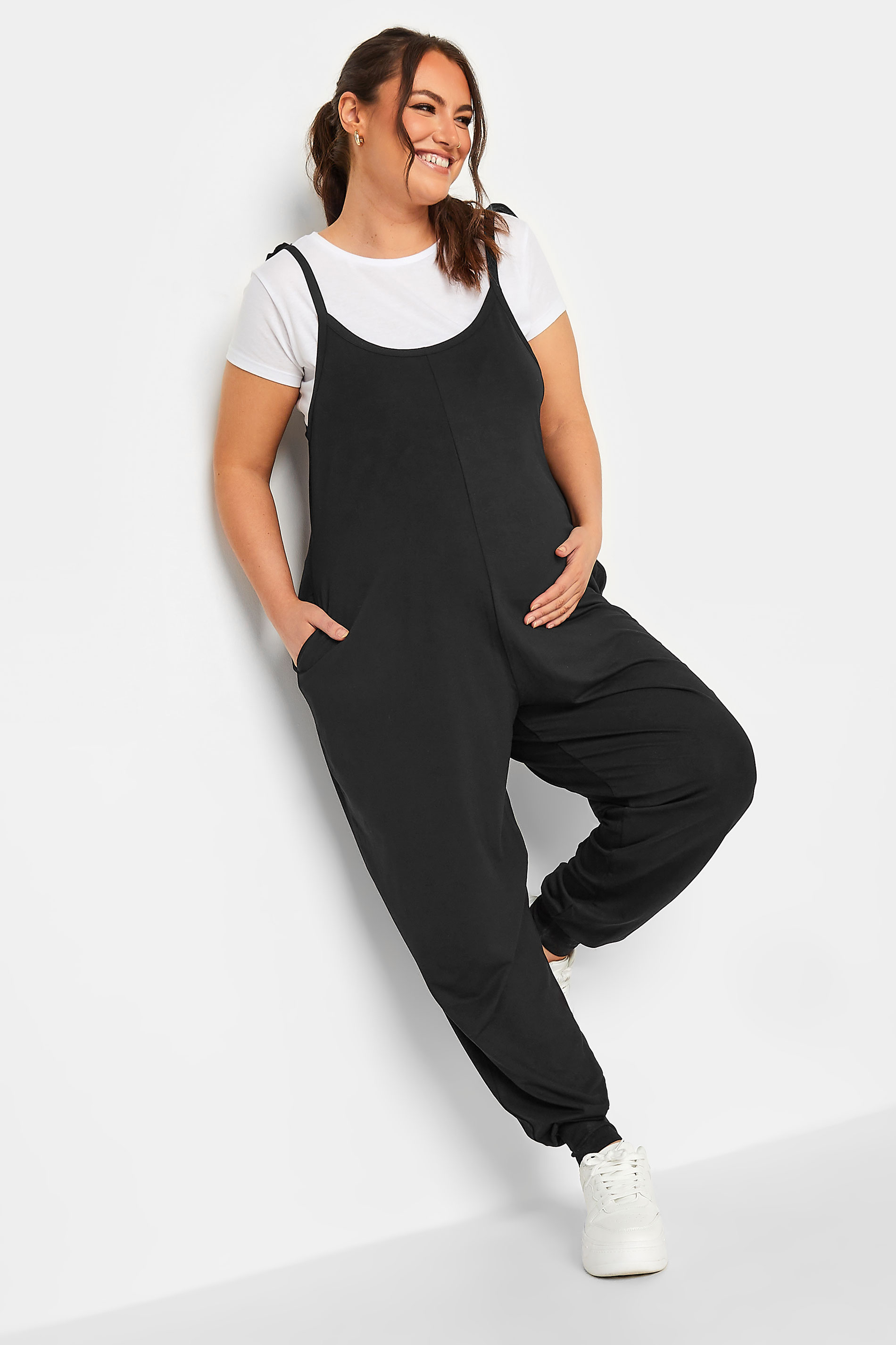 BUMP IT UP MATERNITY Curve Black Oversized Jumpsuit | Yours Clothing 1