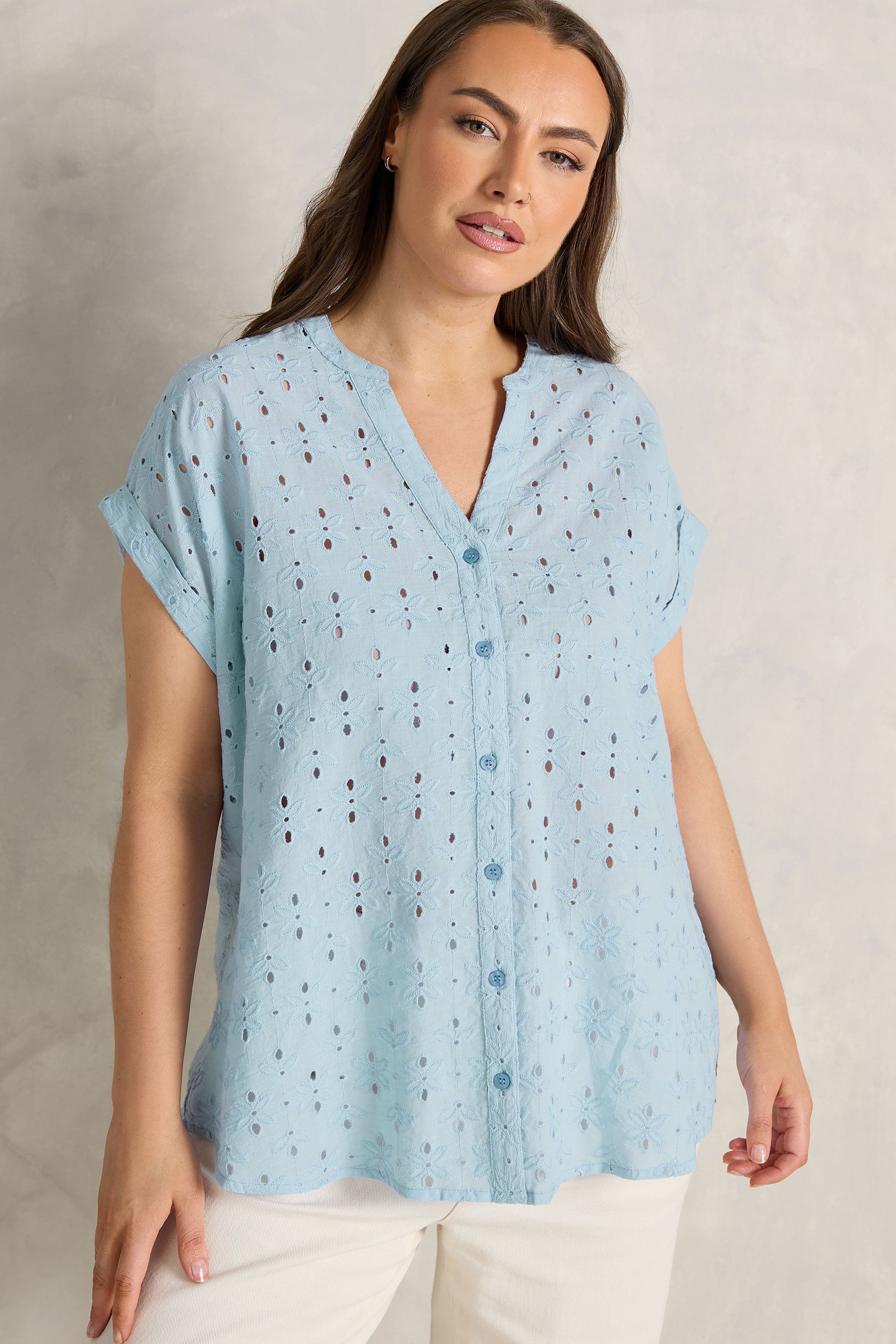 EVANS Plus Size Blue Broderie Short Sleeve Shirt | Evans 1