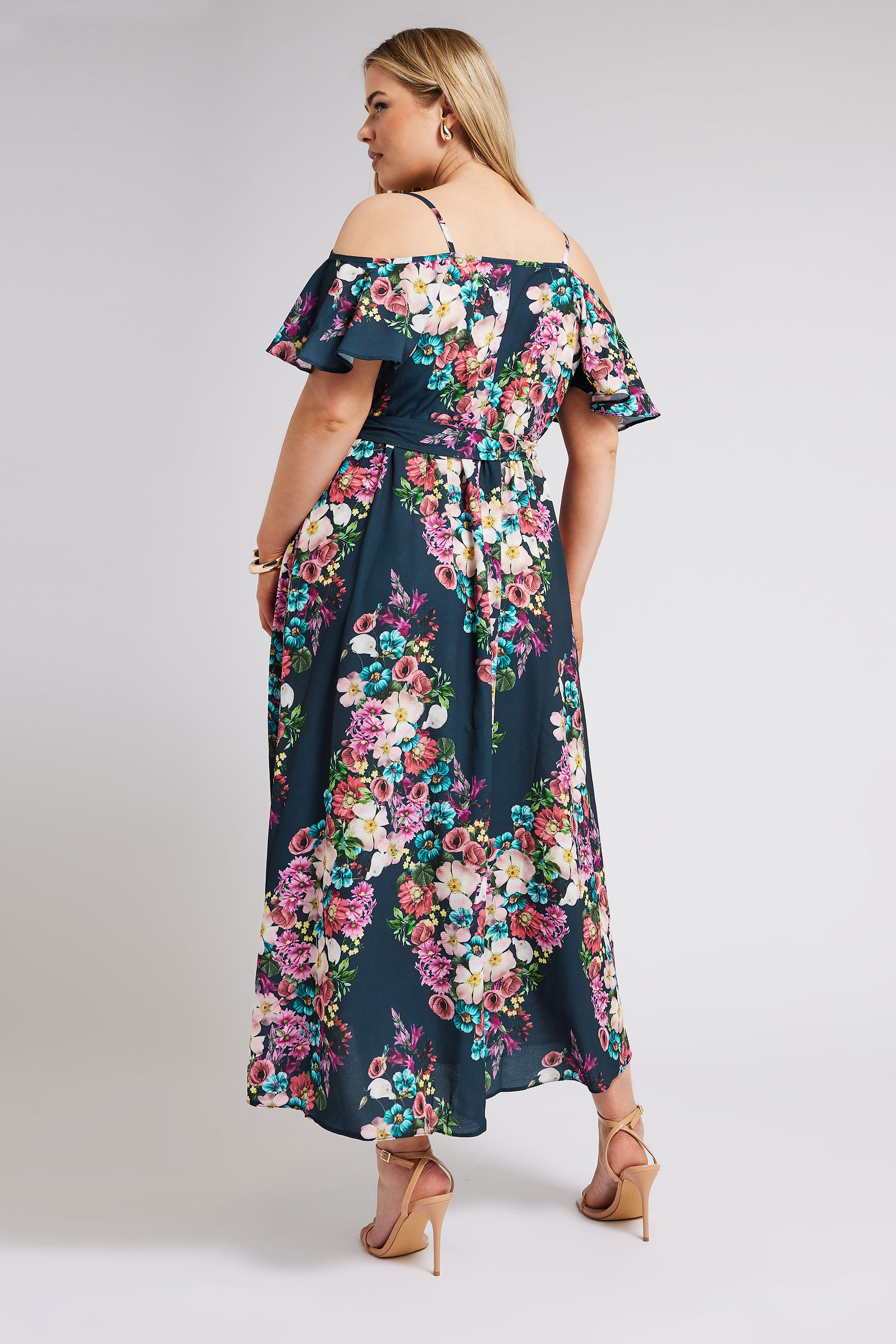 YOURS LONDON Plus Size Blue Floral Print Cold Shoulder Wrap Dress | Yours Clothing 3