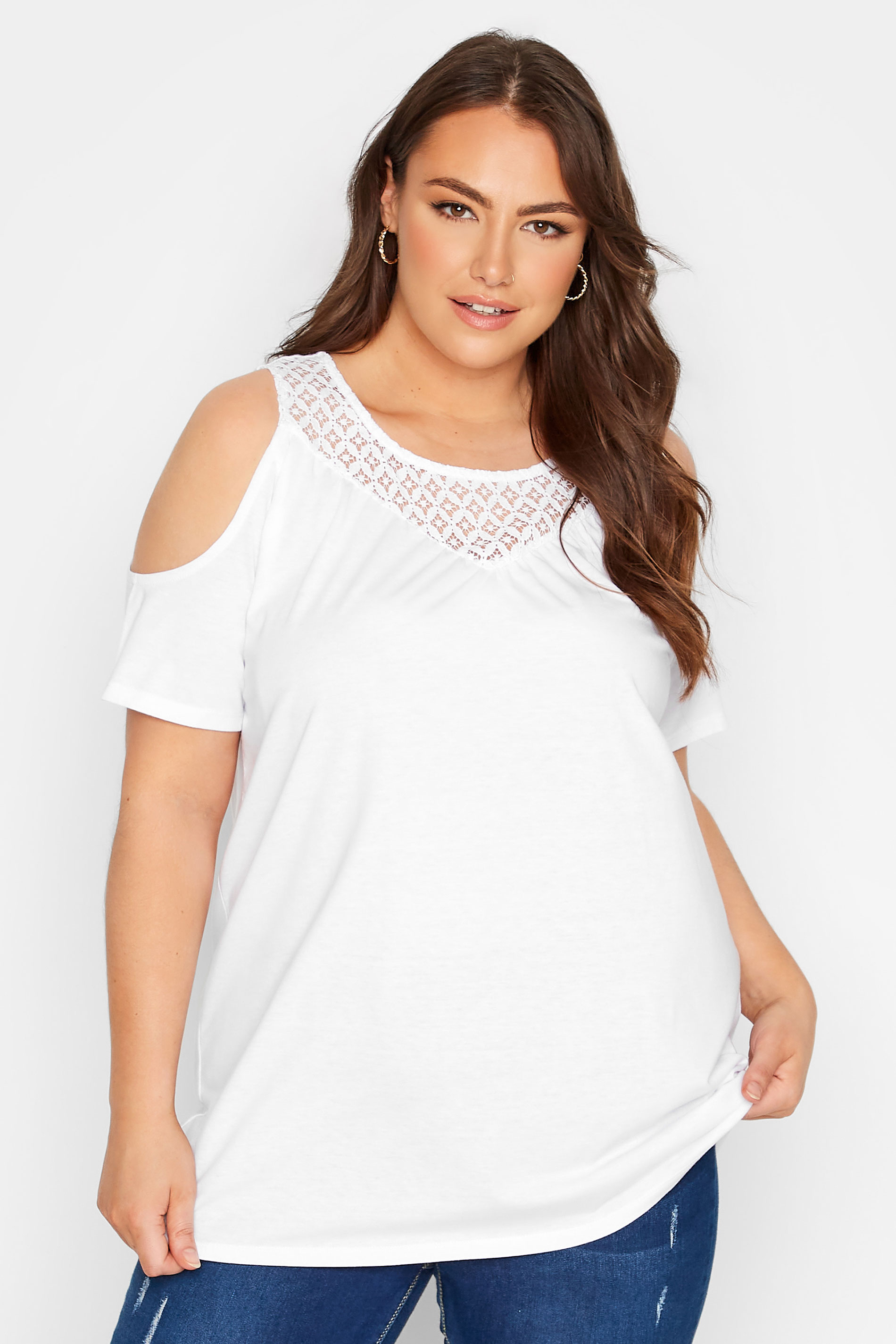 Plus Size White Lace Detail Cold Shoulder Top | Yours Clothing 1