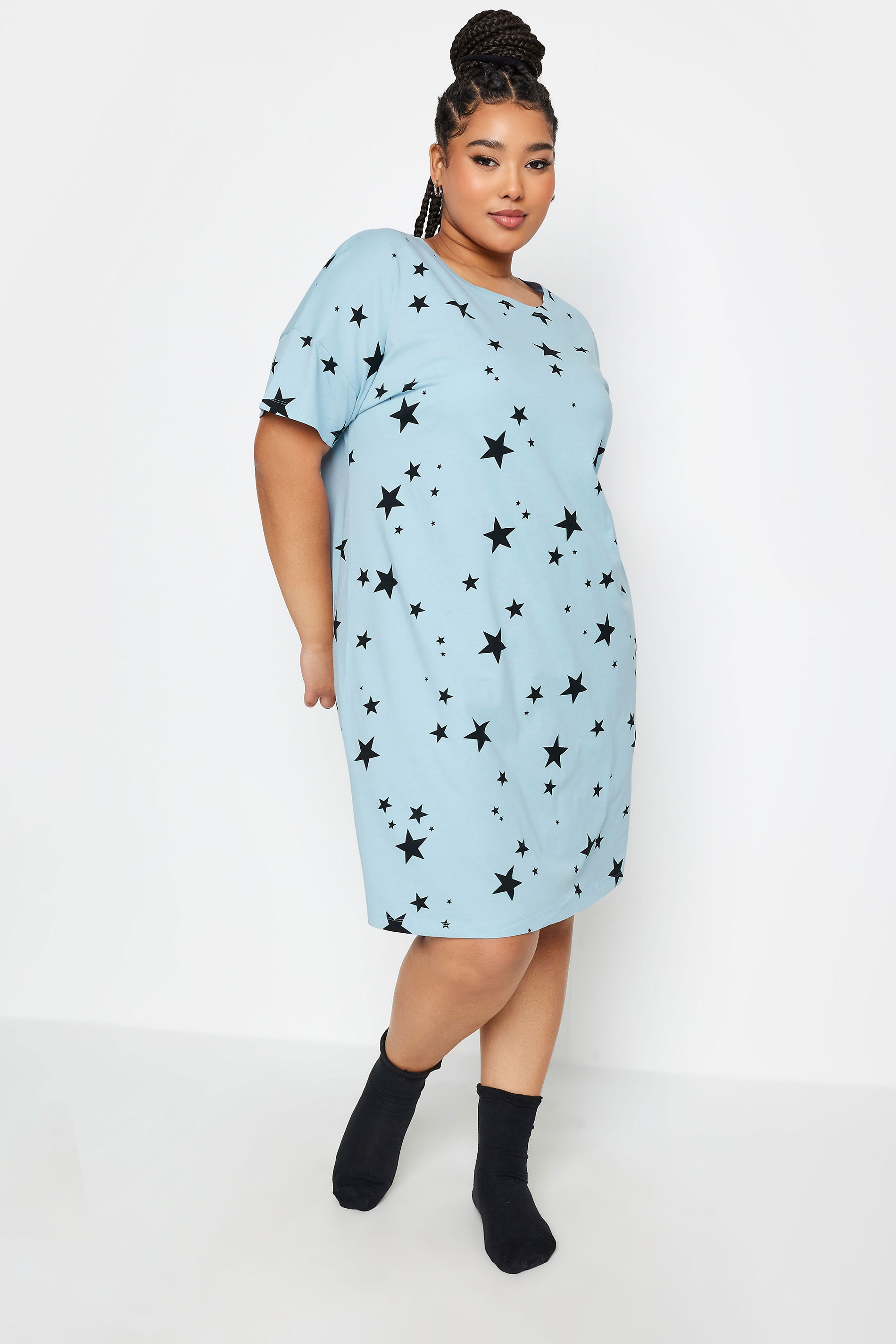 YOURS Plus Size Light Blue Star Print Sleep Tee Nightdress | Yours Clothing 1
