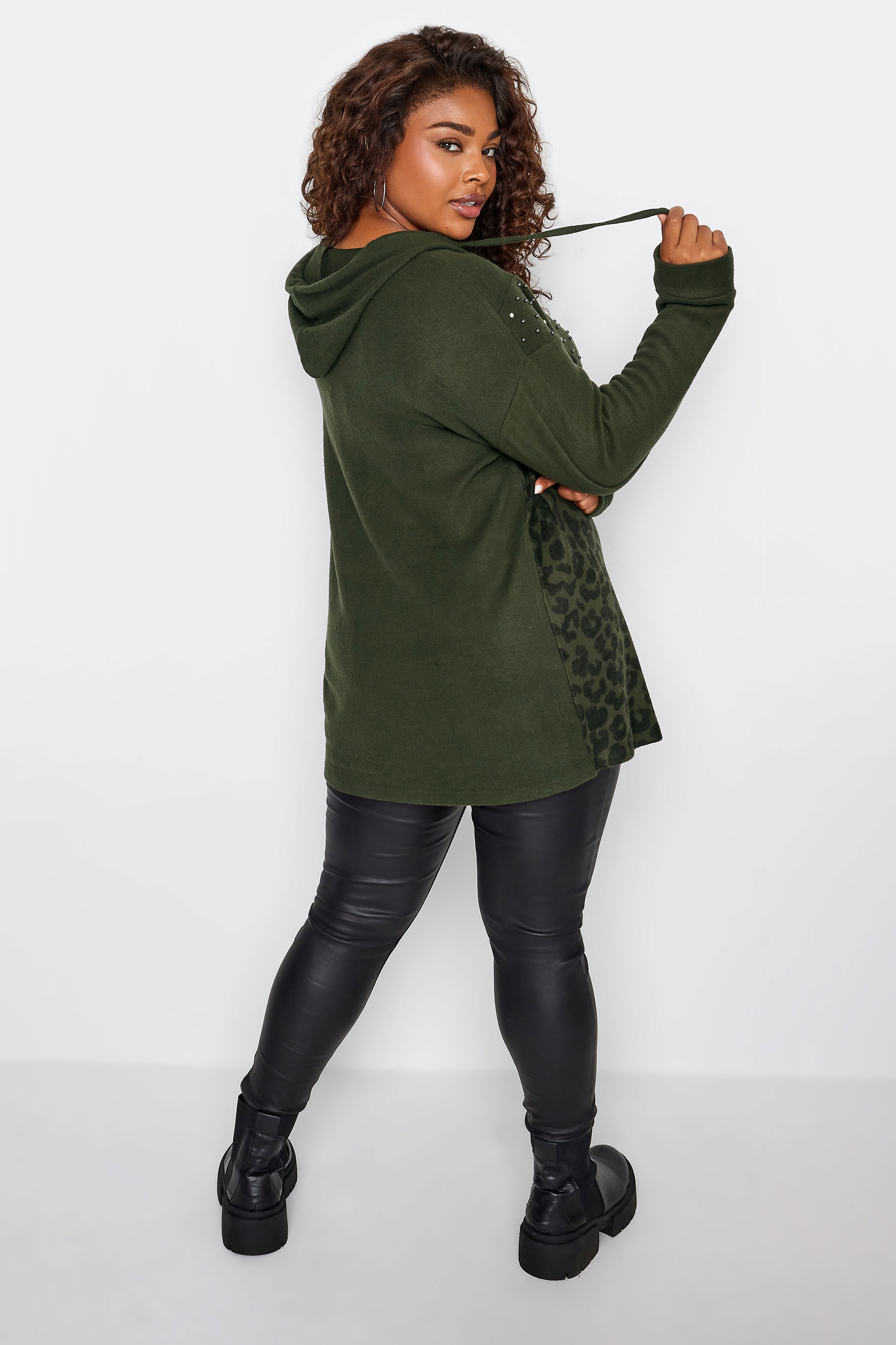 YOURS Plus Size Khaki Green Leopard Print Embellished Hoodie | Yours Clothing 3