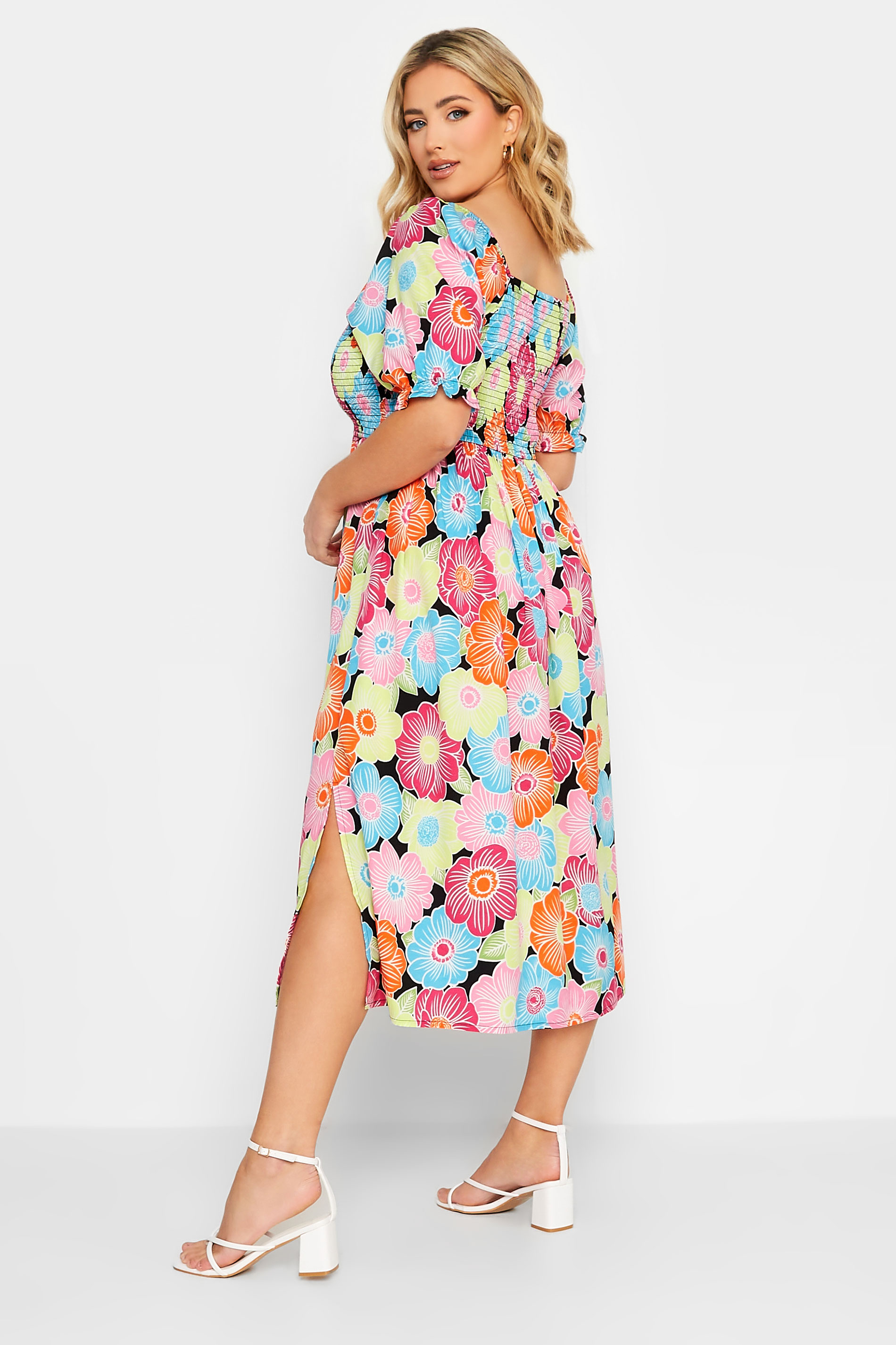 YOURS Plus Size Pink & Blue Floral Print Shirred Maxi Dress | Yours Clothing 3