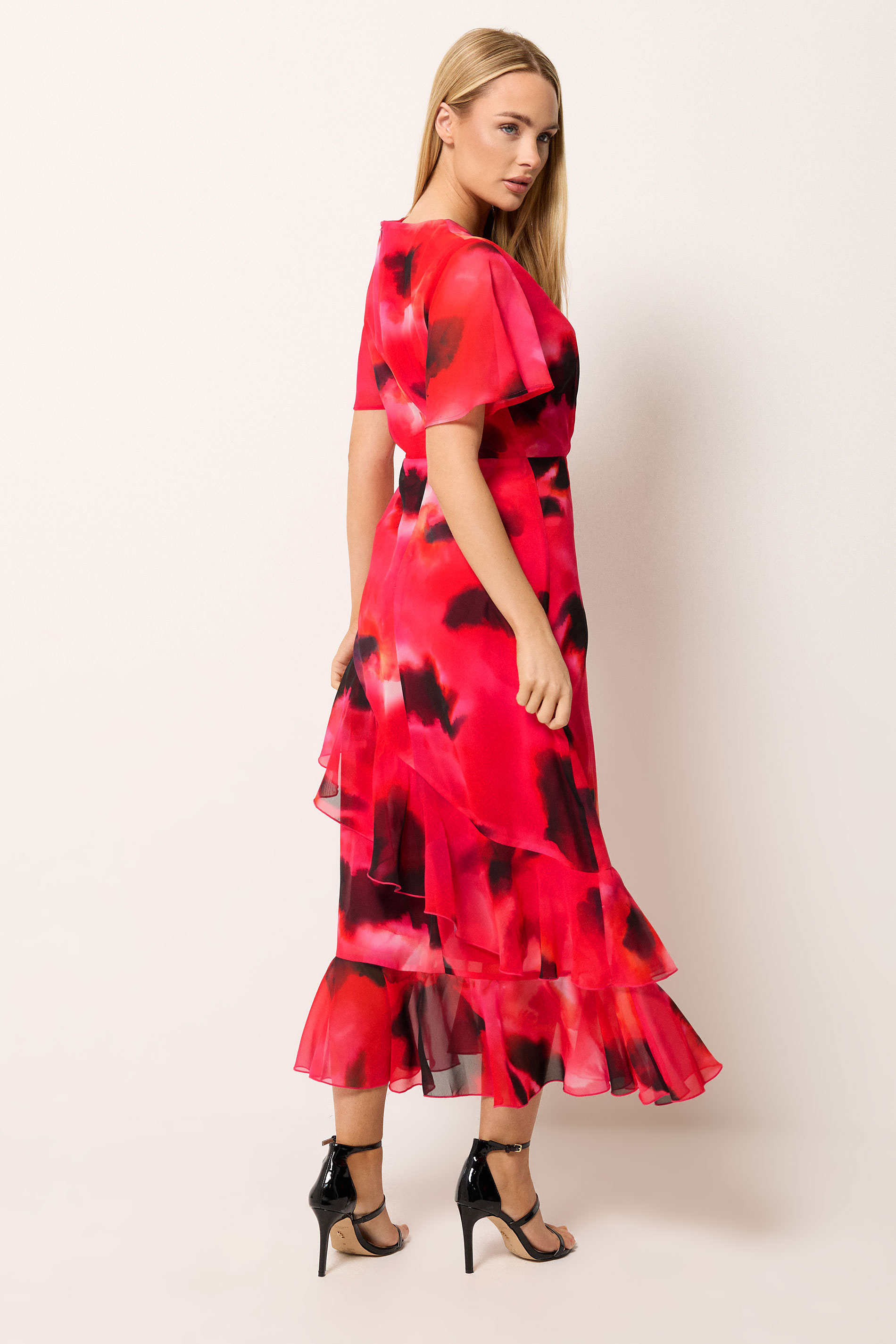 STAR Red Blurred Floral Tiered Wrap Dress | StarByJM 2