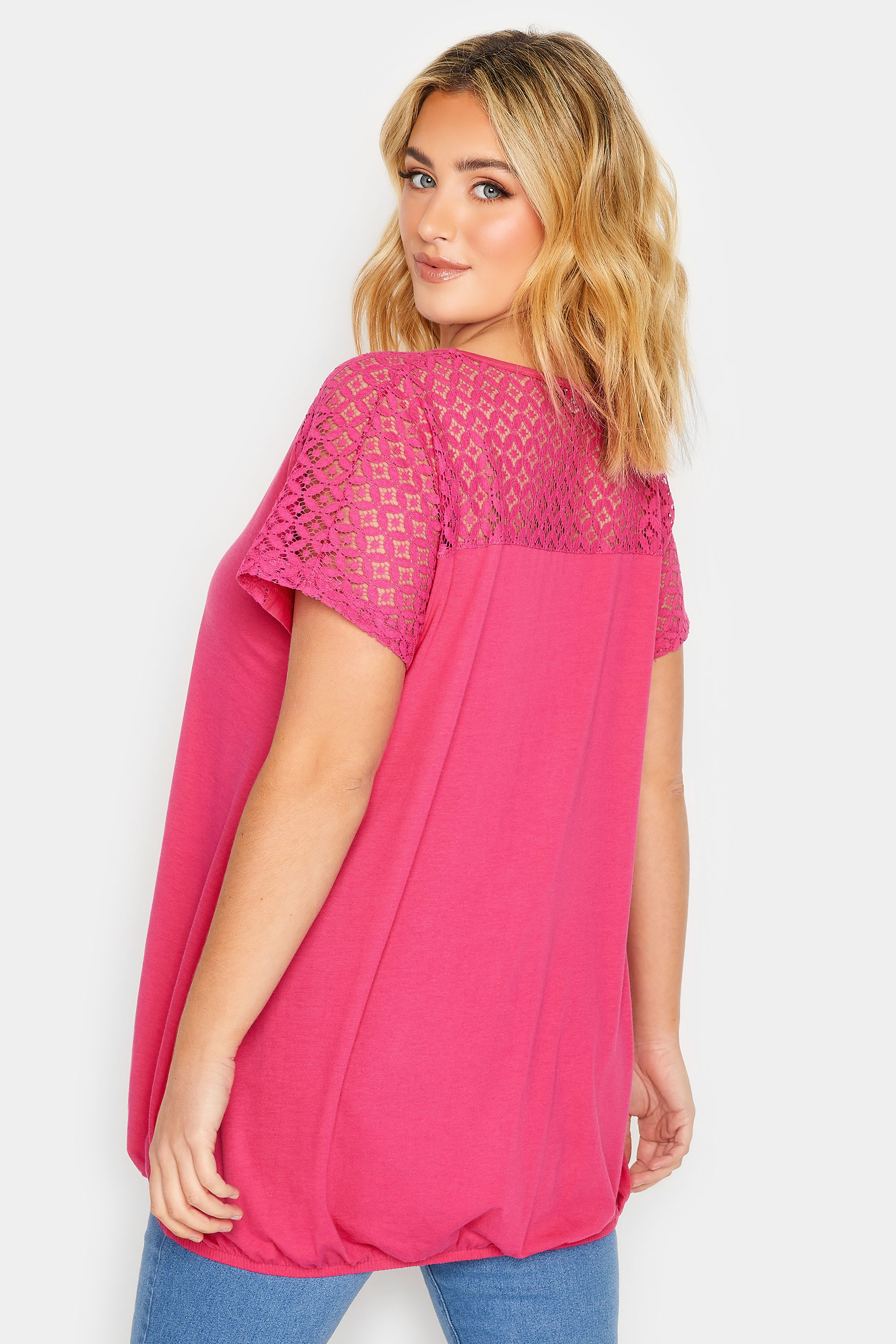 YOURS Plus Size Pink Lace Sleeve Bubble Hem T-Shirt | Yours Clothing 3