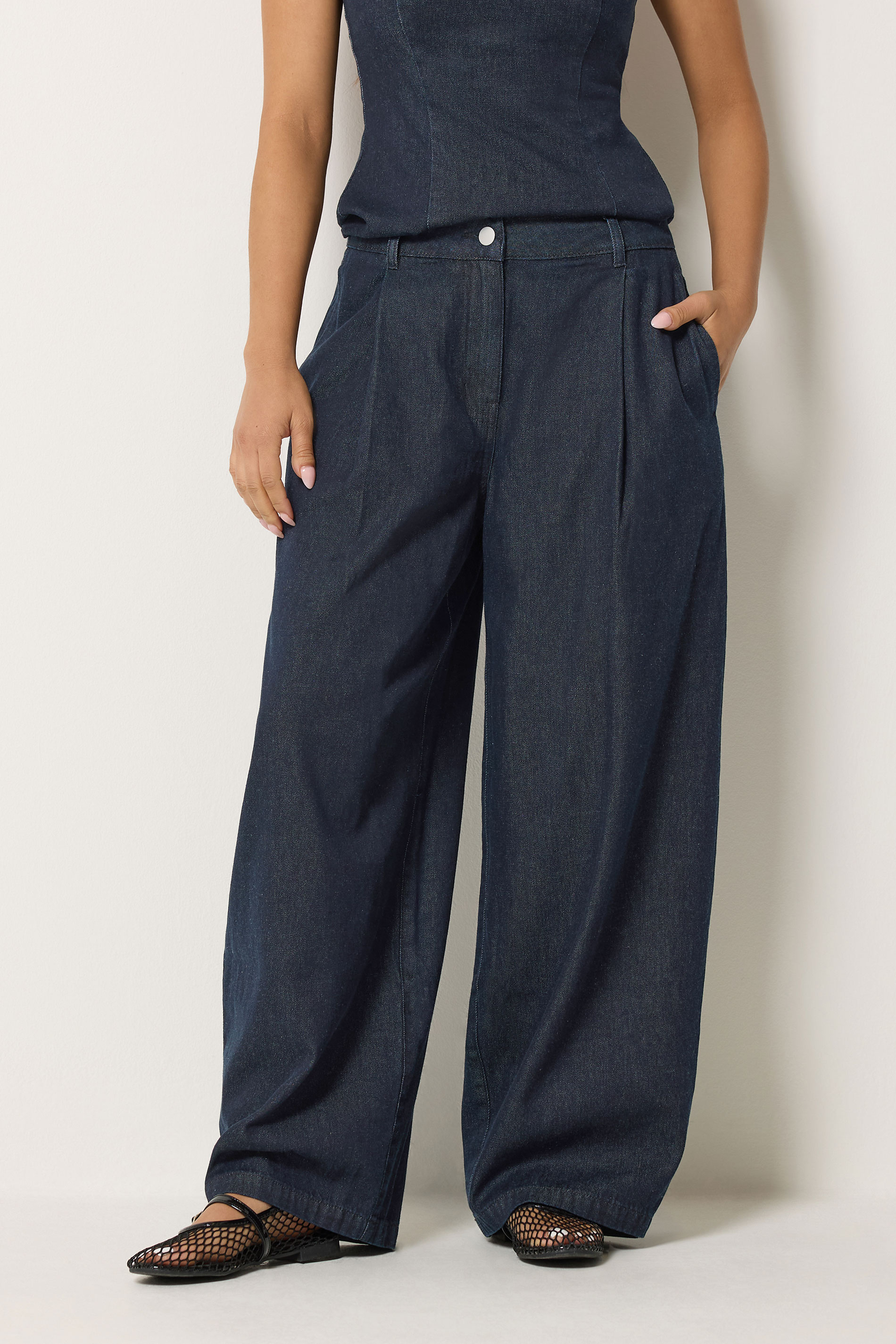 PixieGirl Petite Women's Dark Blue Pleated Wide Leg Jeans | PixieGirl  1