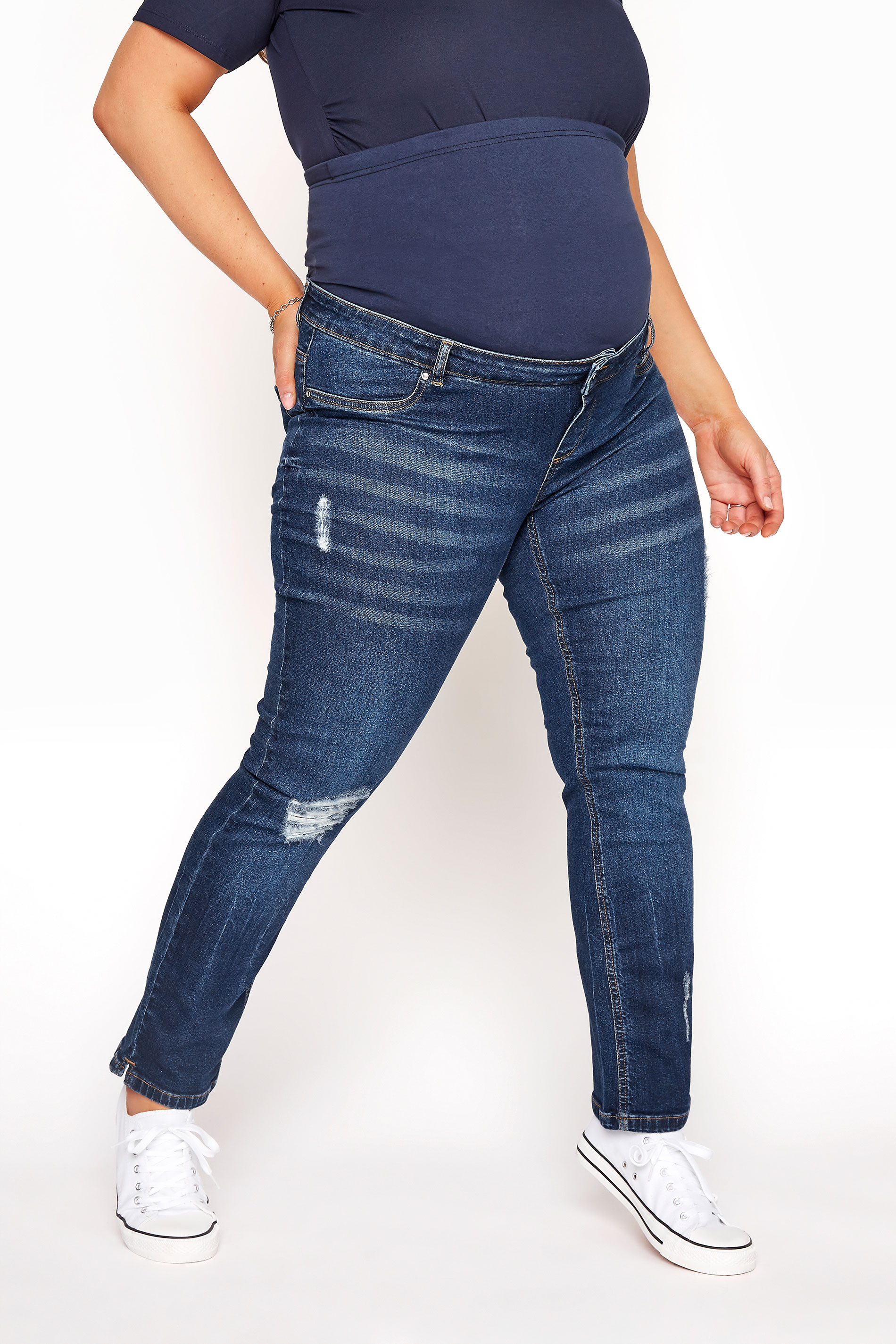 BUMP IT UP MATERNITY Blue Distressed Straight Leg Jeans With Comfort Panel