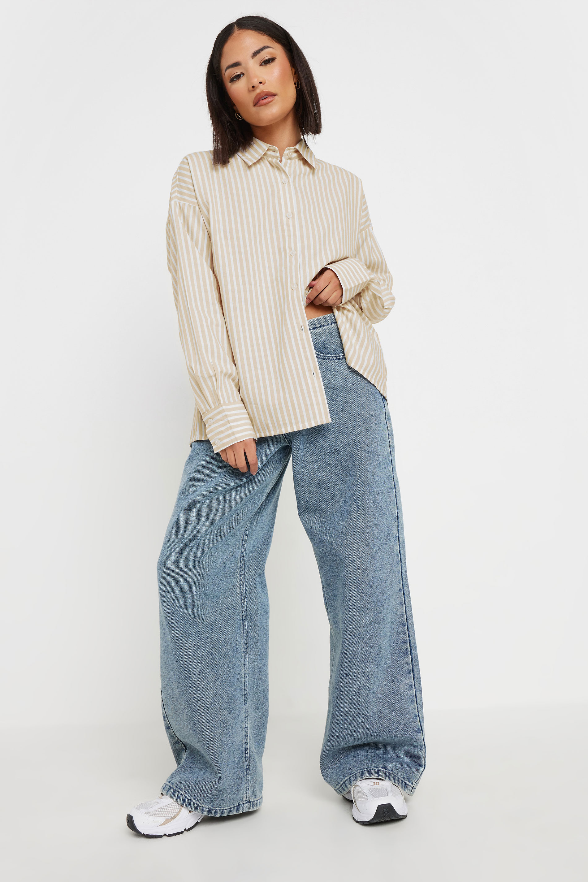 PixieGirl Petite Women's Stone Brown Stripe Tie Back Cotton Shirt | PixieGirl 2