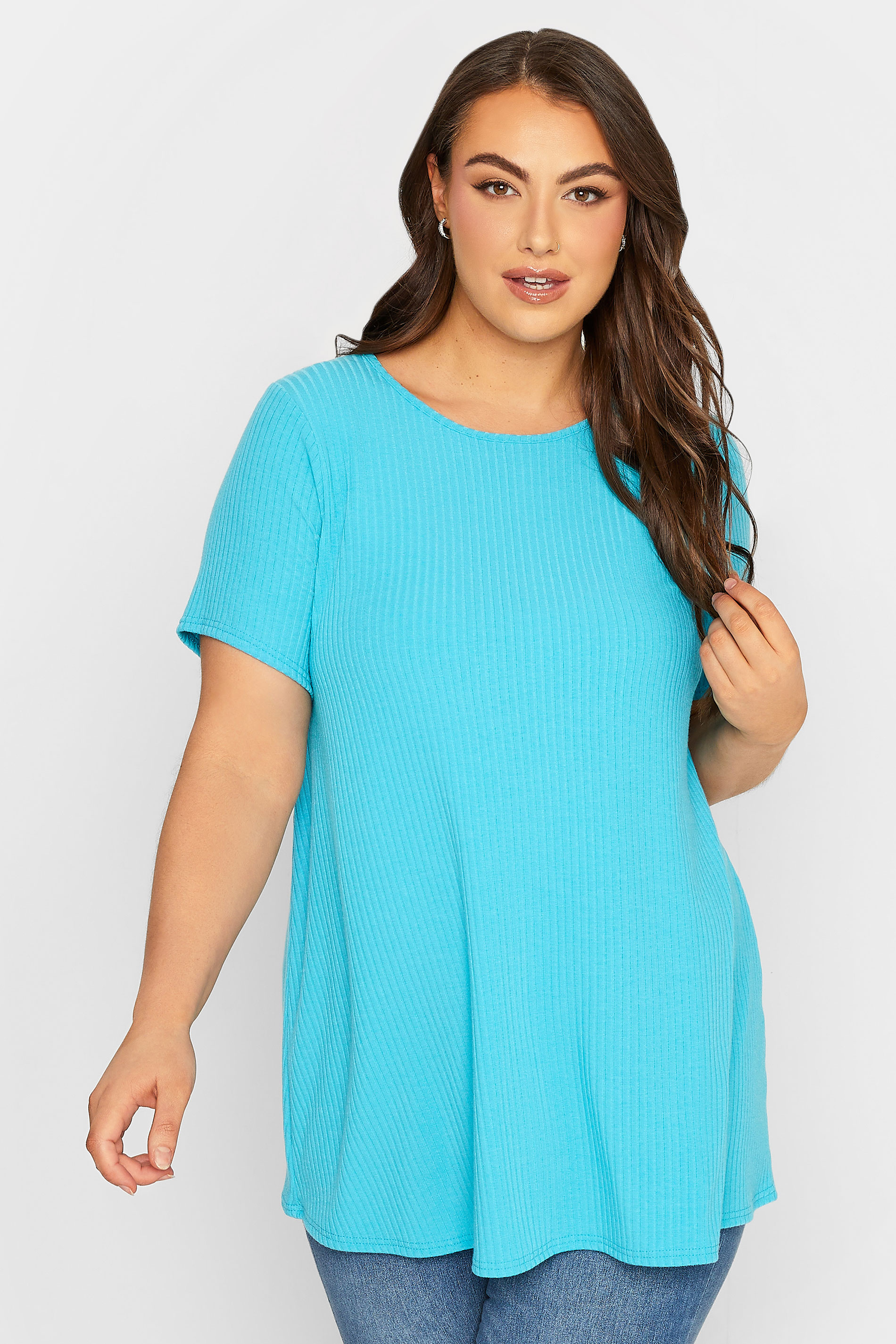 YOURS Curve Plus Size Aqua Blue Ribbed T-Shirt | Yours Clothing  1