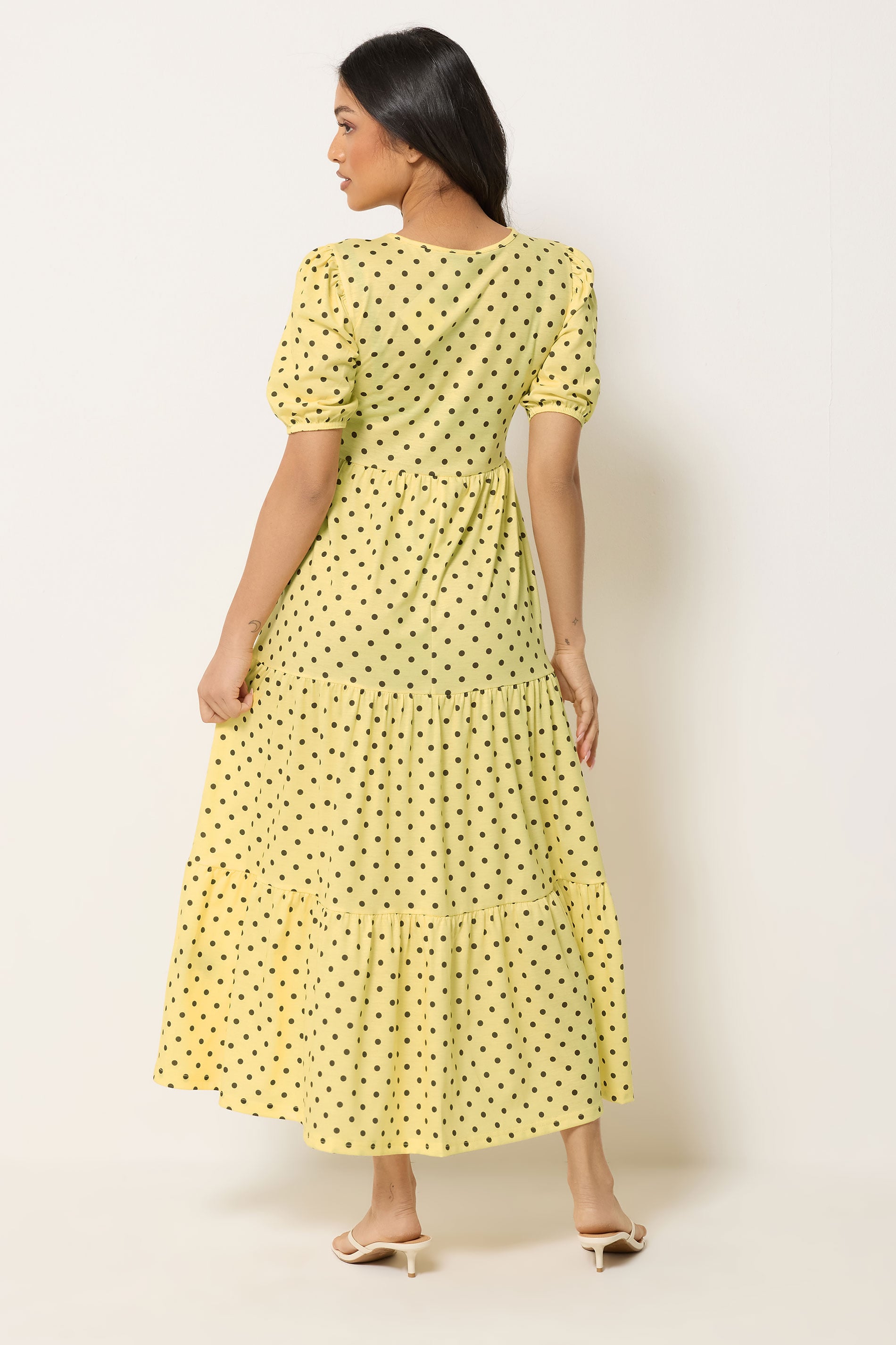 PixieGirl Petite Women's Yellow Polka Dot Tiered Maxi Dress | PixieGirl 2