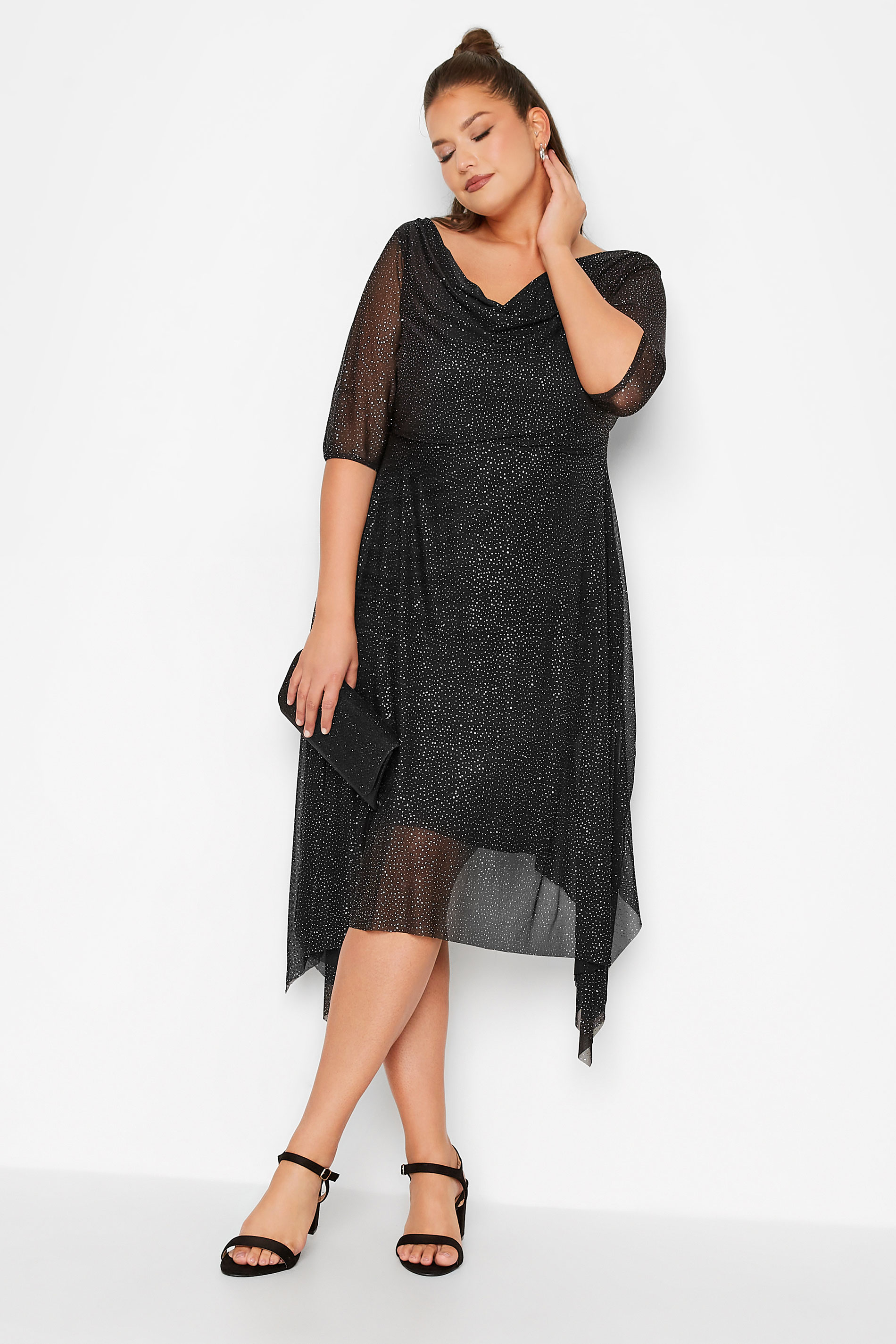YOURS LONDON Plus-Size Curve Black Glitter Cowl Neck Midi Dress | Yours Clothing 2