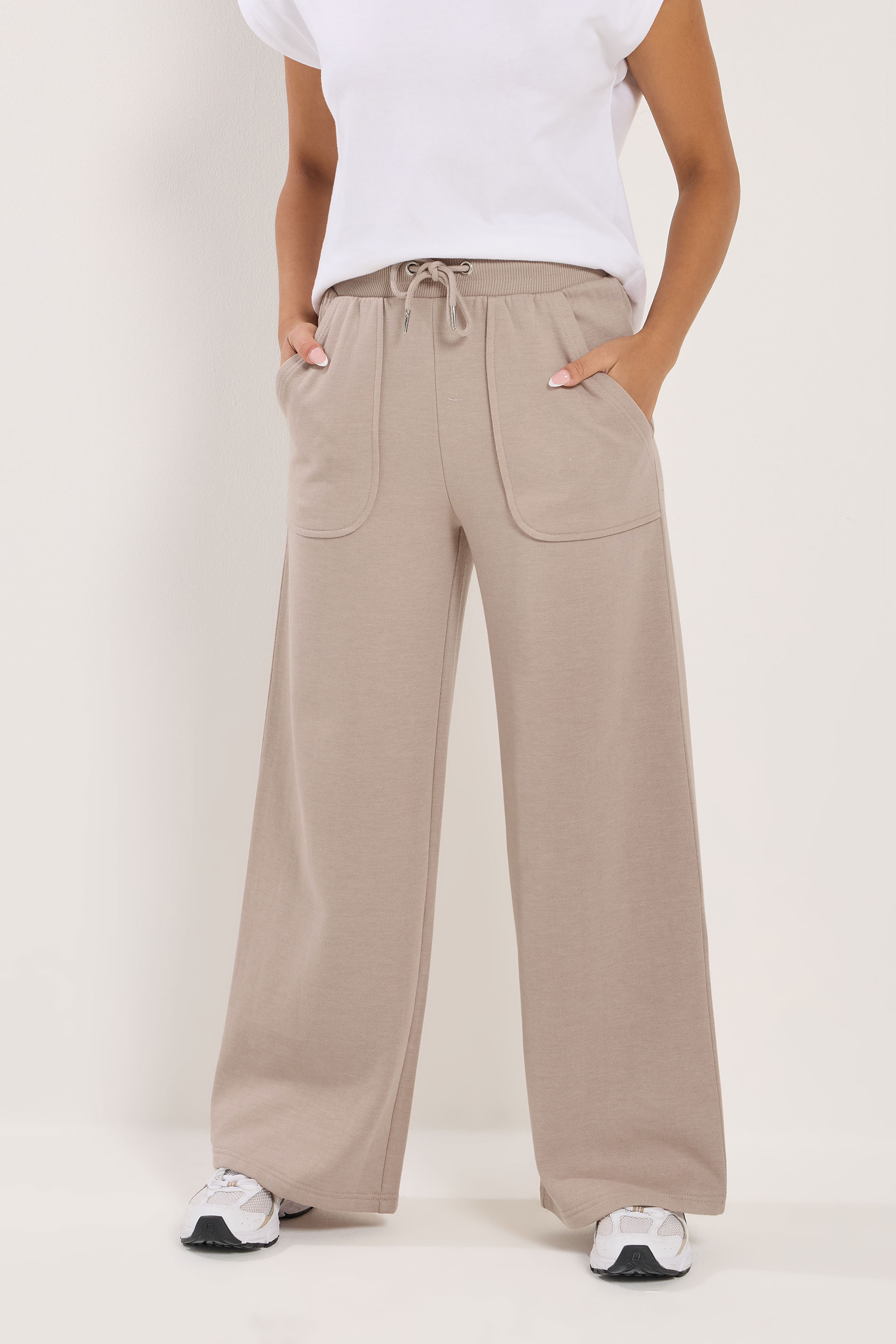 PixieGirl Petite Women's Stone Brown Pocket Patch Wide Leg Joggers | PixieGirl 1