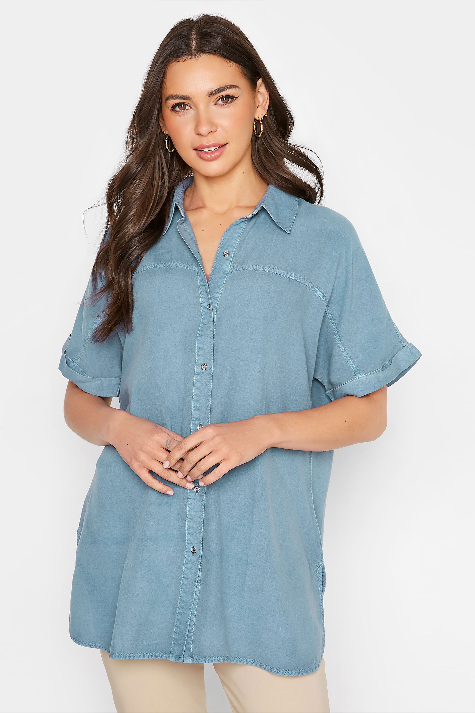 LTS Tall Women's Blue Short Sleeve Denim Shirt | Long Tall Sally 1