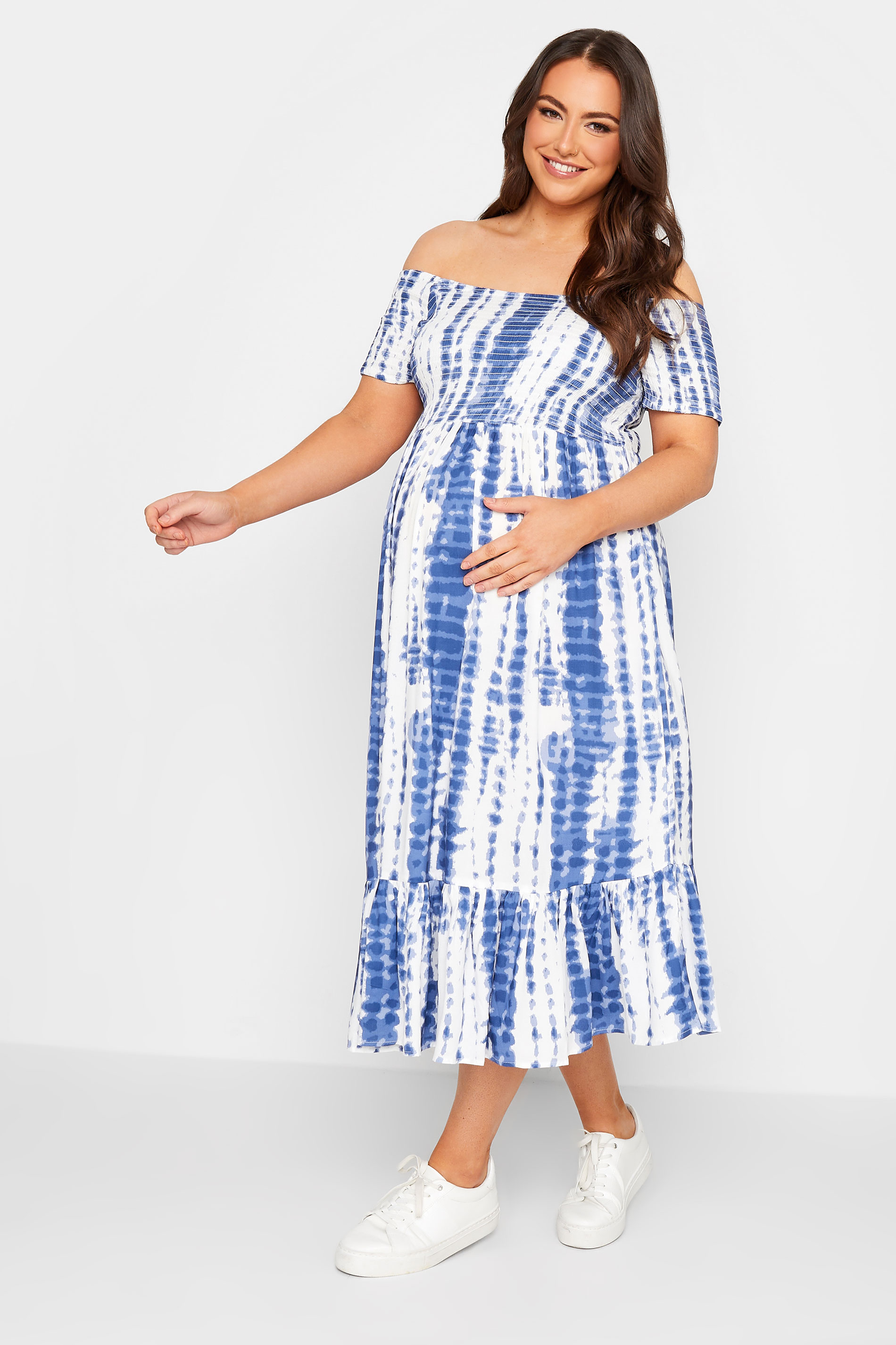 BUMP IT UP MATERNITY Plus Size Blue Tie Dye Shirred Dress | Yours Clothing 1