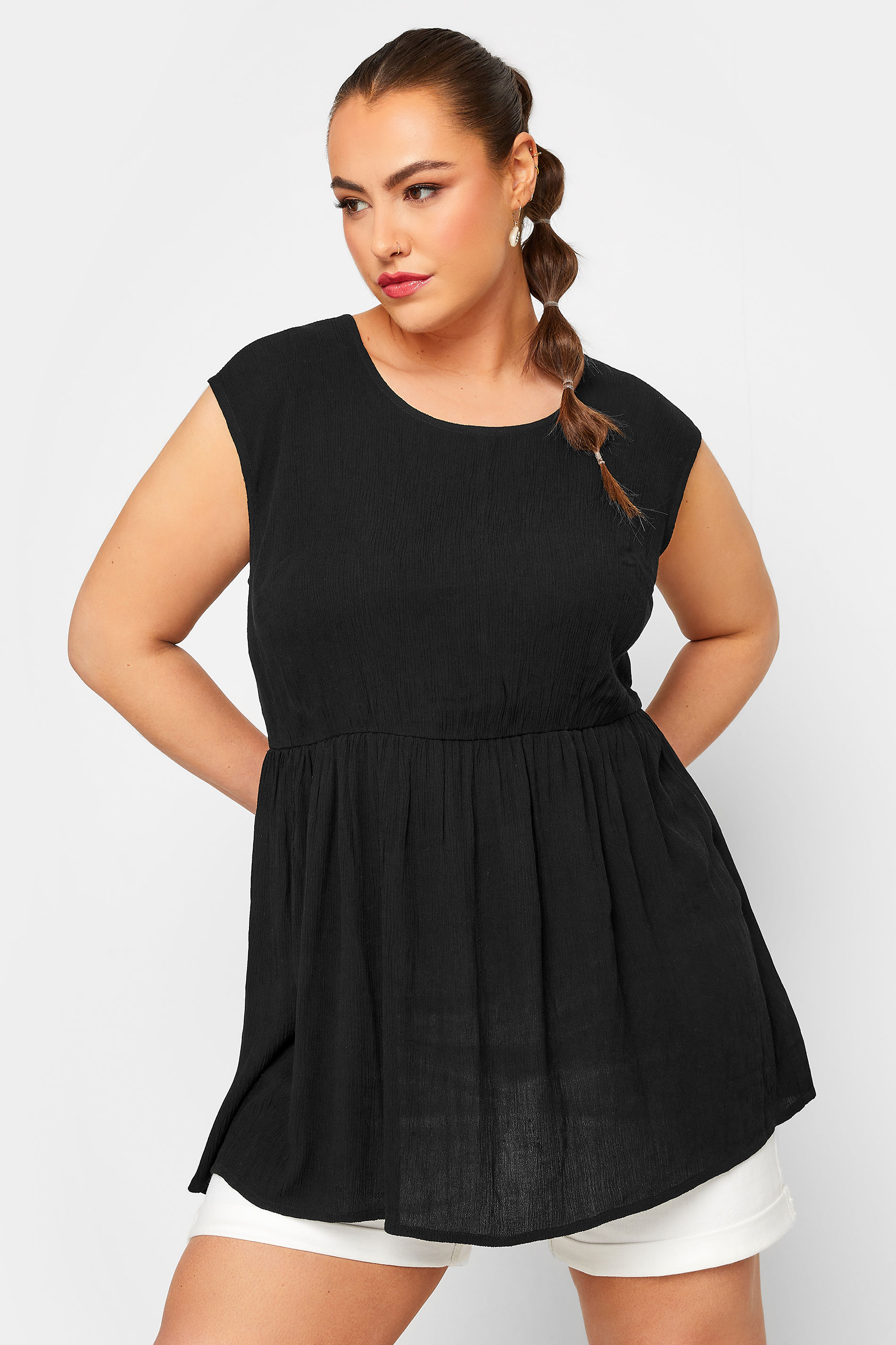 LIMITED COLLECTION Plus Size Black Crinkle Boxy Peplum Vest Top | Yours Clothing 1