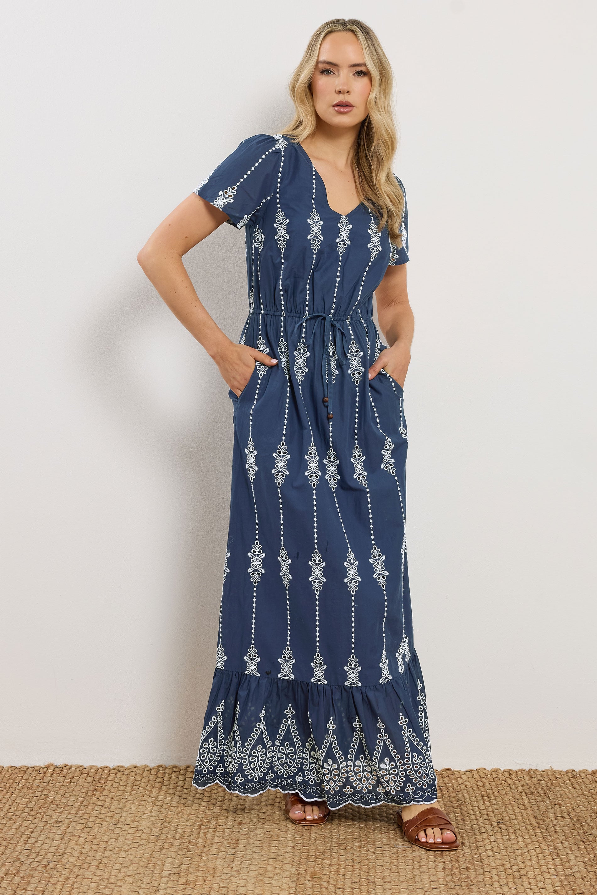 LTS Tall Women's Navy Blue Floral Embroidered Cotton Maxi Dress | Long Tall Sally 2