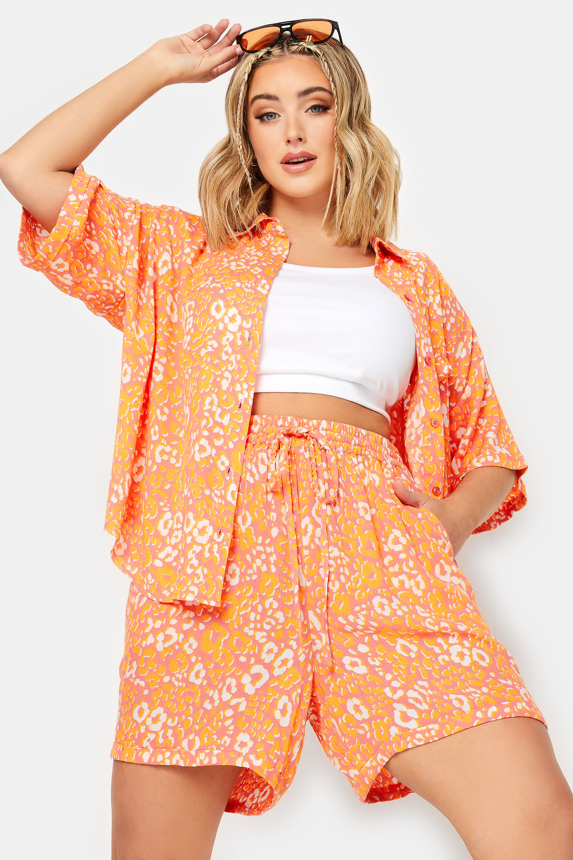 LIMITED COLLECTION Plus Size Curve Orange Leopard Print Crinkle Shorts | Yours Clothing  1