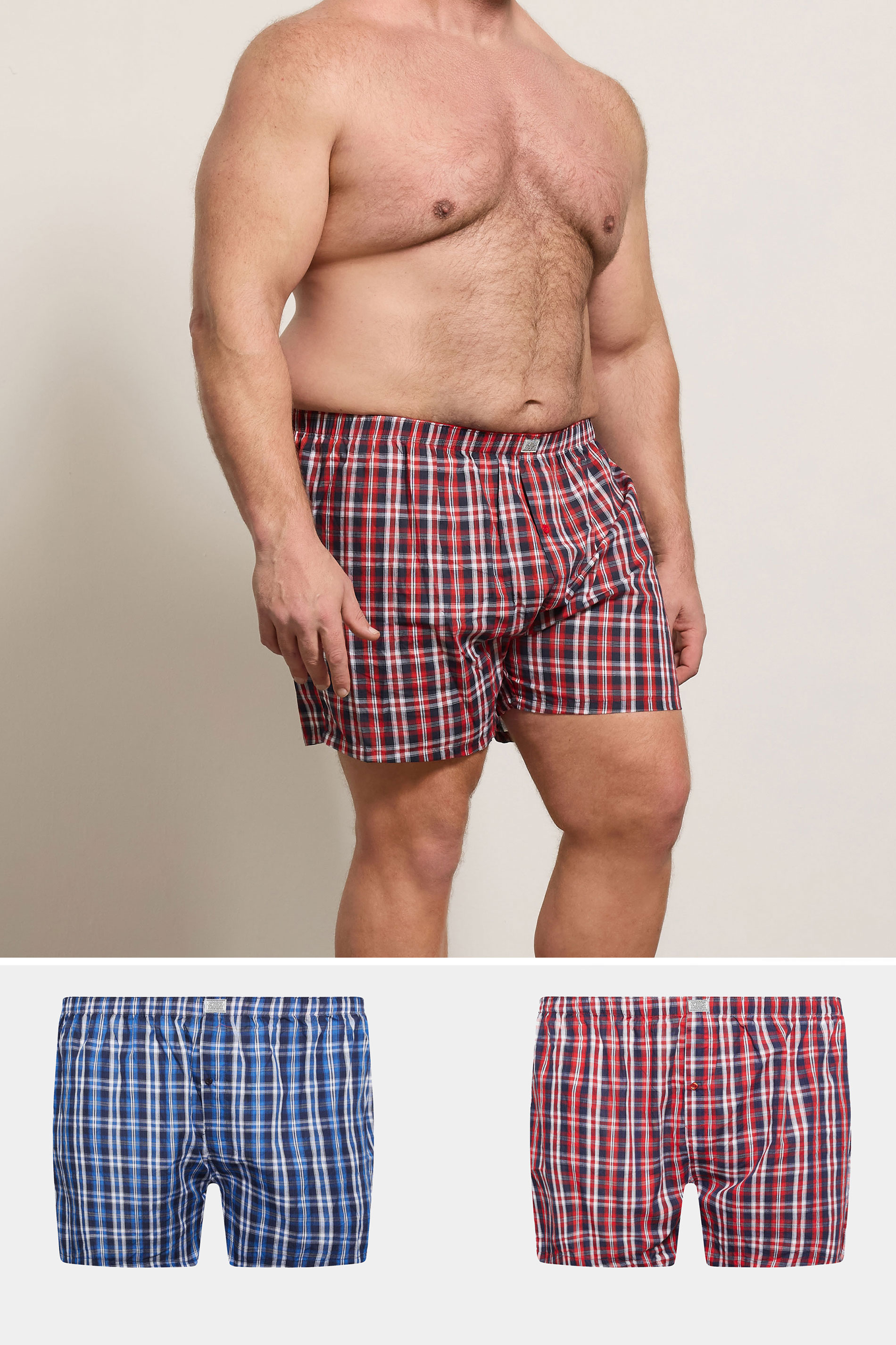 D555 Big & Tall 2 PACK Blue & Red Check Print Boxers | BadRhino 3