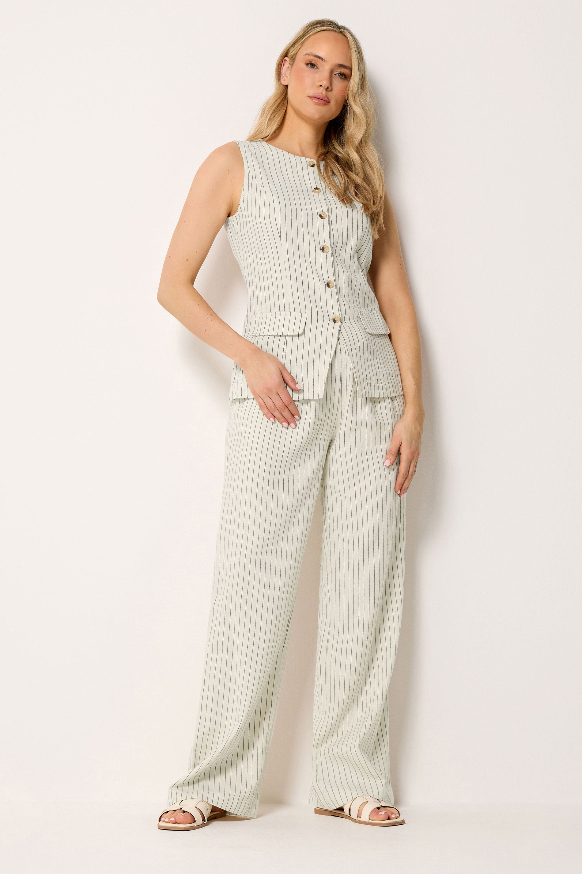LTS Tall Women's Set Ivory White Pinstripe Waistcoat & Wide Leg Trousers | Long Tall Sally 3