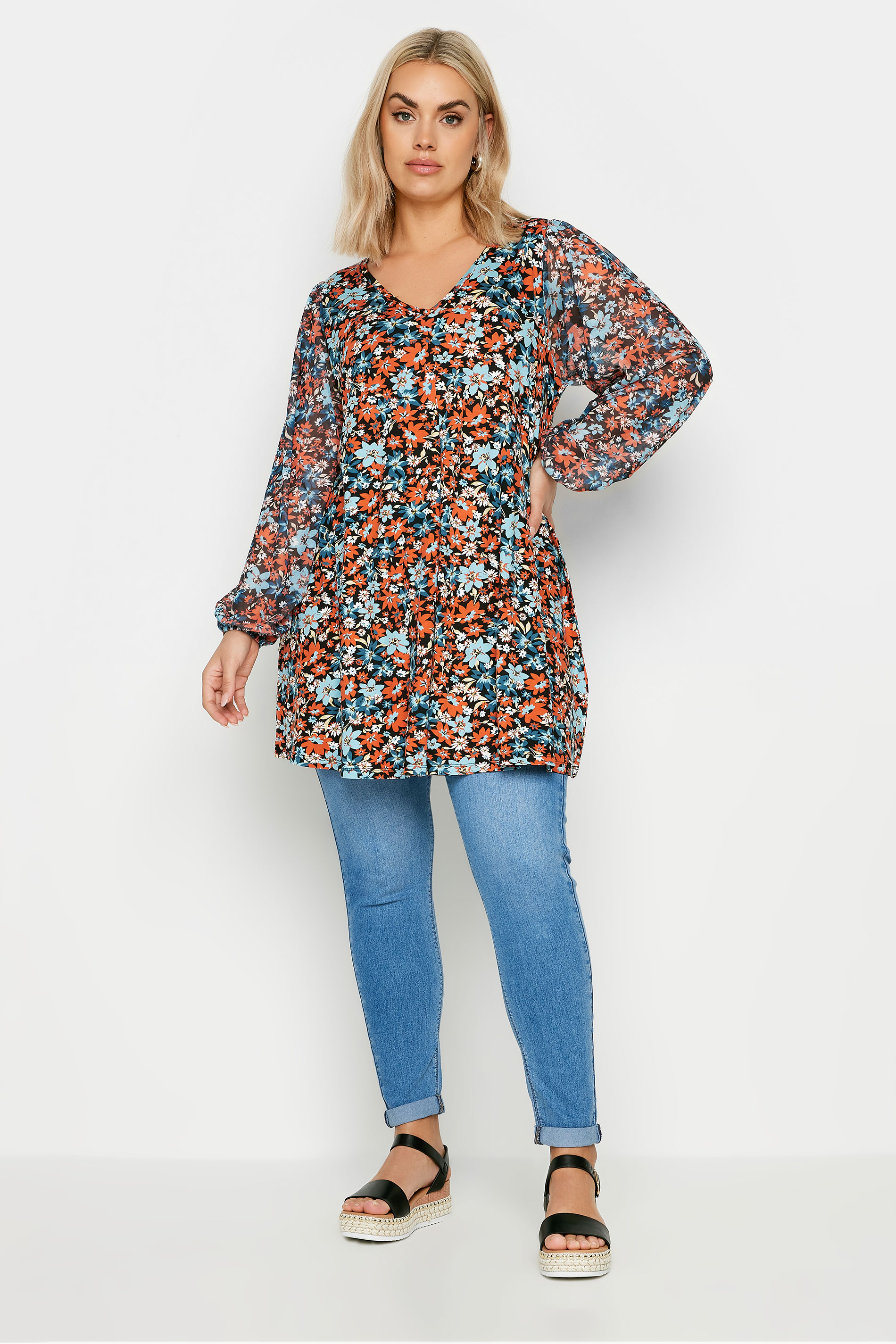 YOURS Plus Size Orange & Blue Floral Mesh Sleeve Blouse | Yours Clothing 2