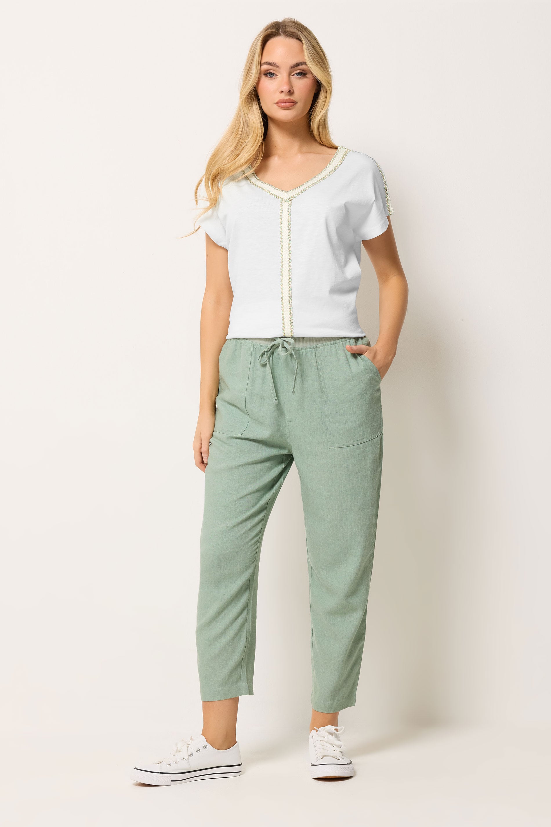 M&Co Sage Green Linen Cropped Trousers | M&Co 1