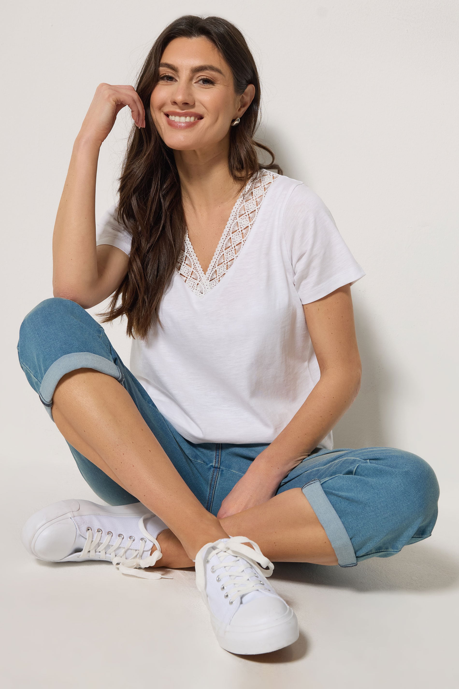M&Co White Lace Trim V-Neck Cotton T-Shirt | M&Co 1