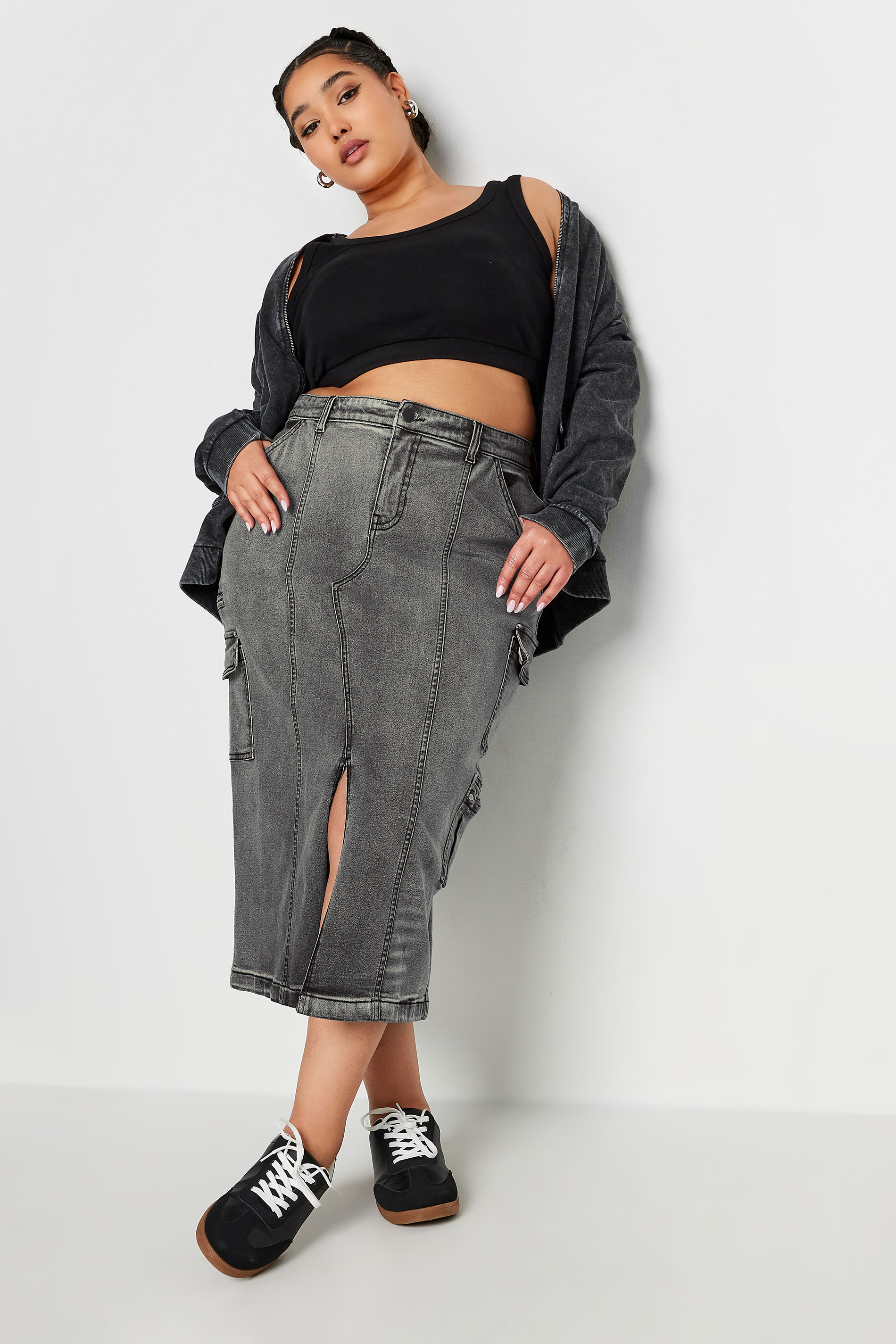 YOURS Plus Size Grey Zip Pocket Maxi Skirt | Yours Clothing 3