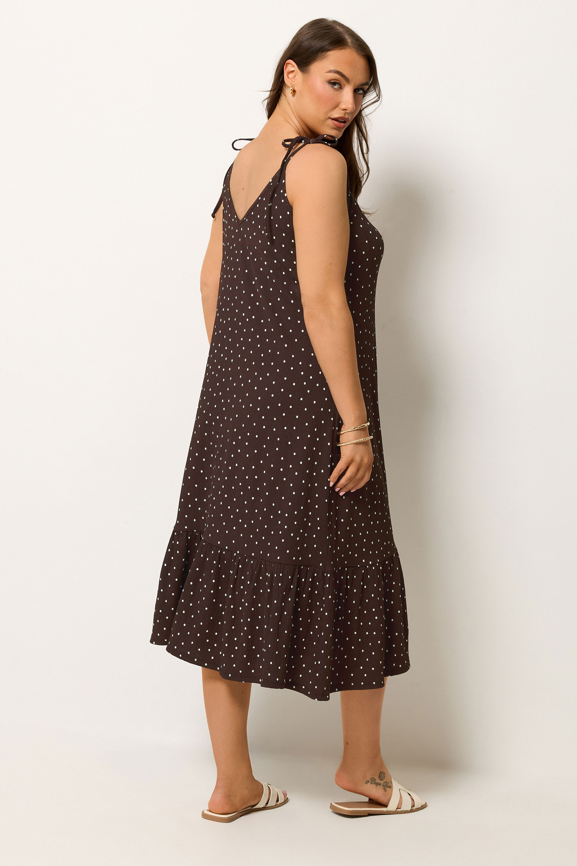 YOURS Plus Size Brown Polka Dot Tiered Midi Dress | Yours Clothing 2