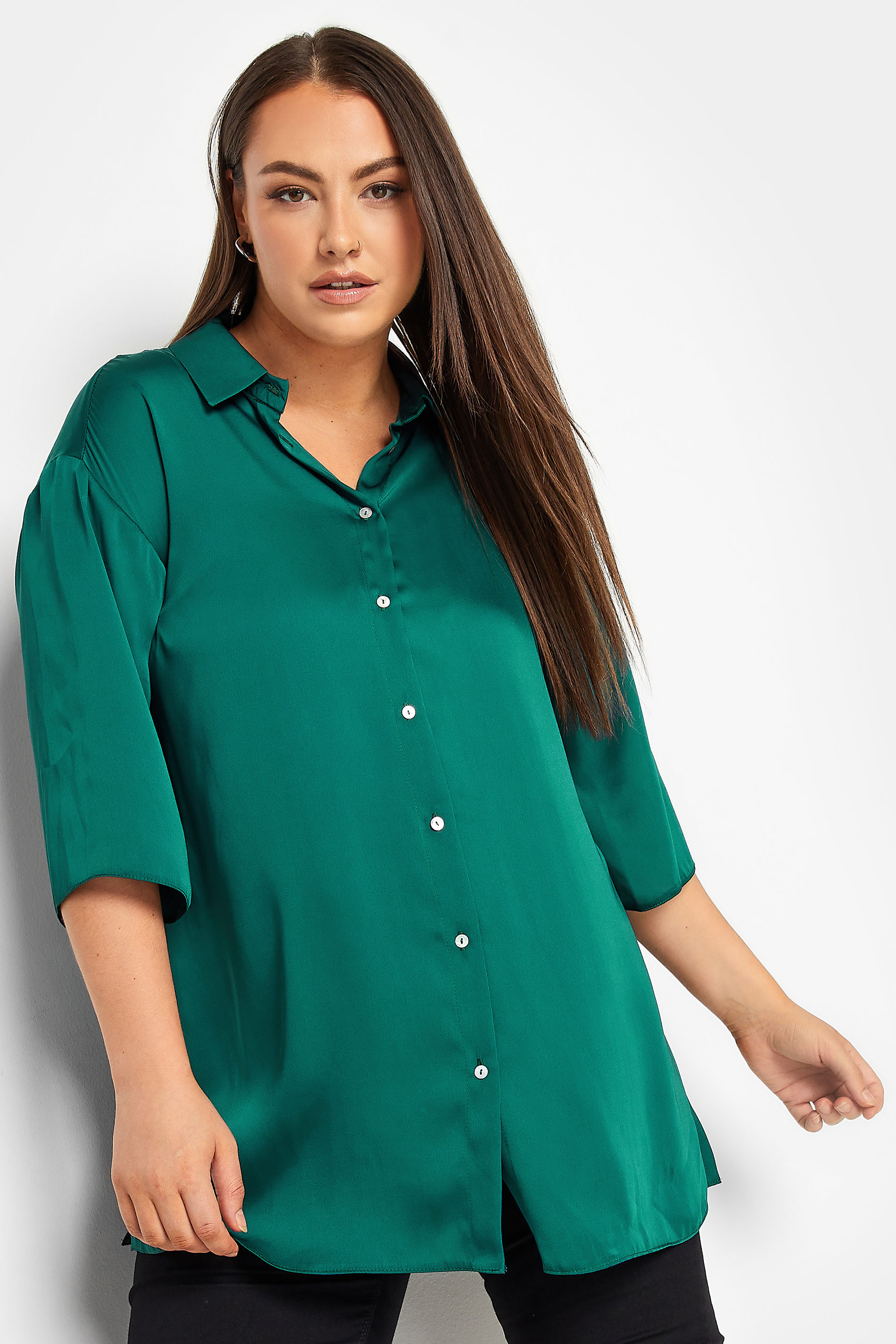 YOURS Plus Size Teal Blue Satin Shirt | Yours Clothing 1
