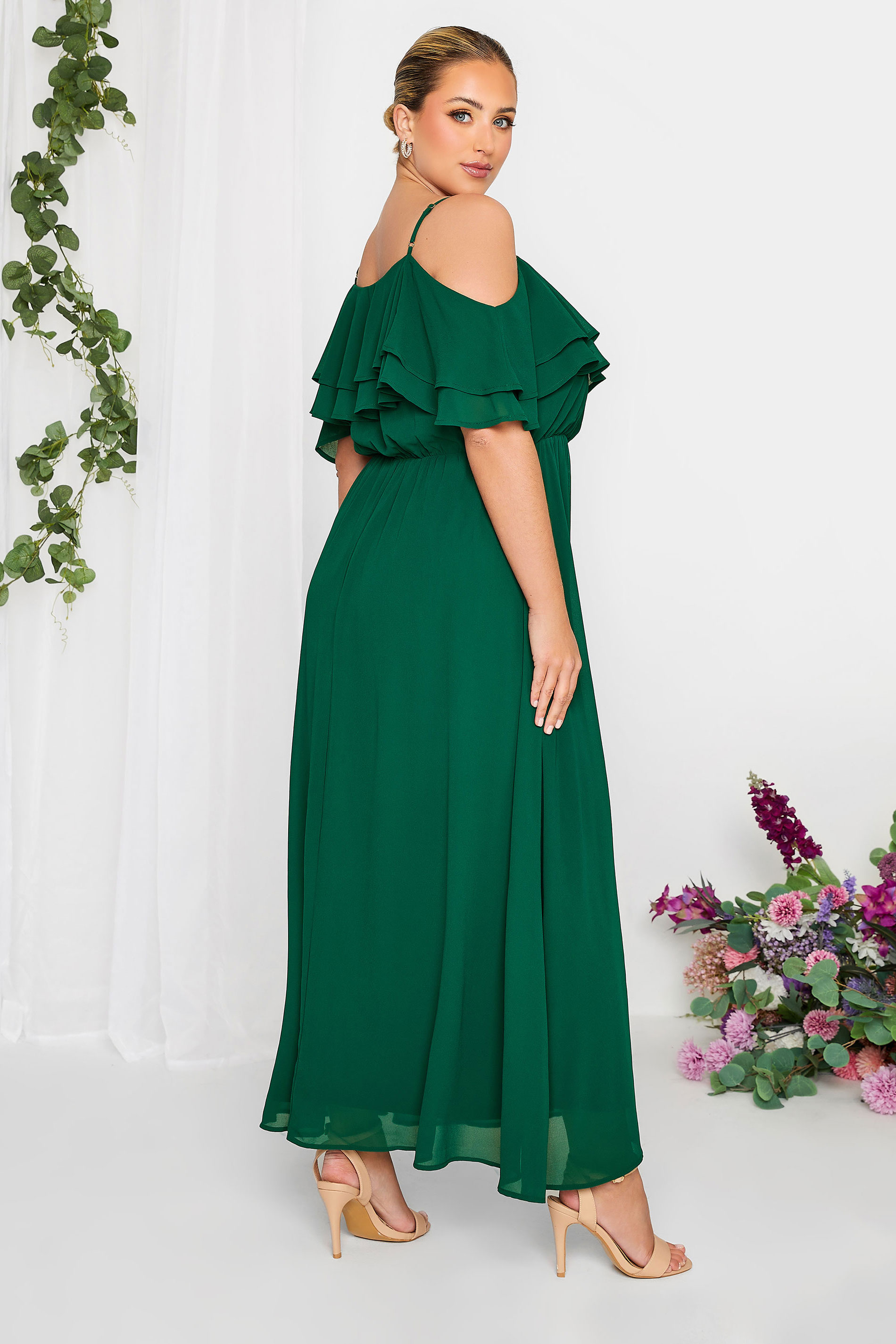 YOURS LONDON Plus Size Forest Green Bardot Ruffle Maxi Dress | Yours Clothing 3