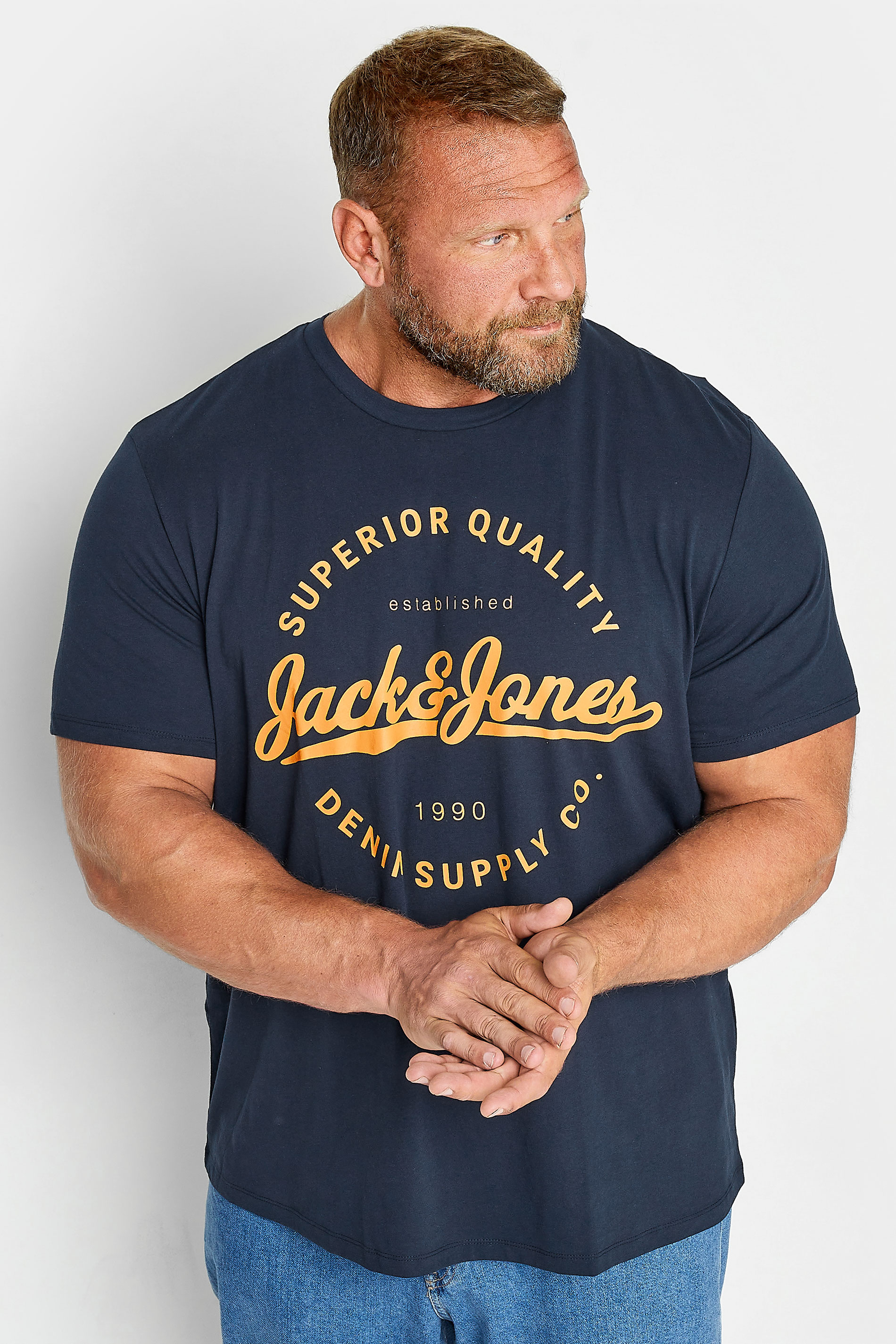 JACK & JONES Big & Tall Navy Blue Logo Print Short Sleeve T-Shirt | BadRhino  1