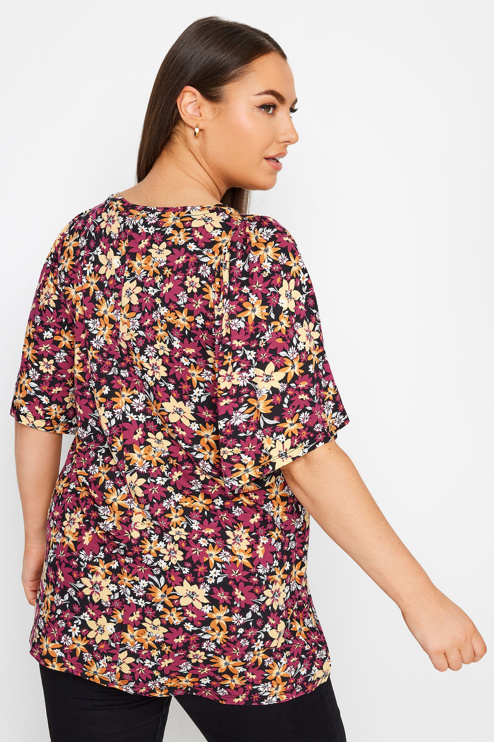 YOURS Plus Size Red & Pink Floral Print Angel Sleeve Top | Yours Clothing 3