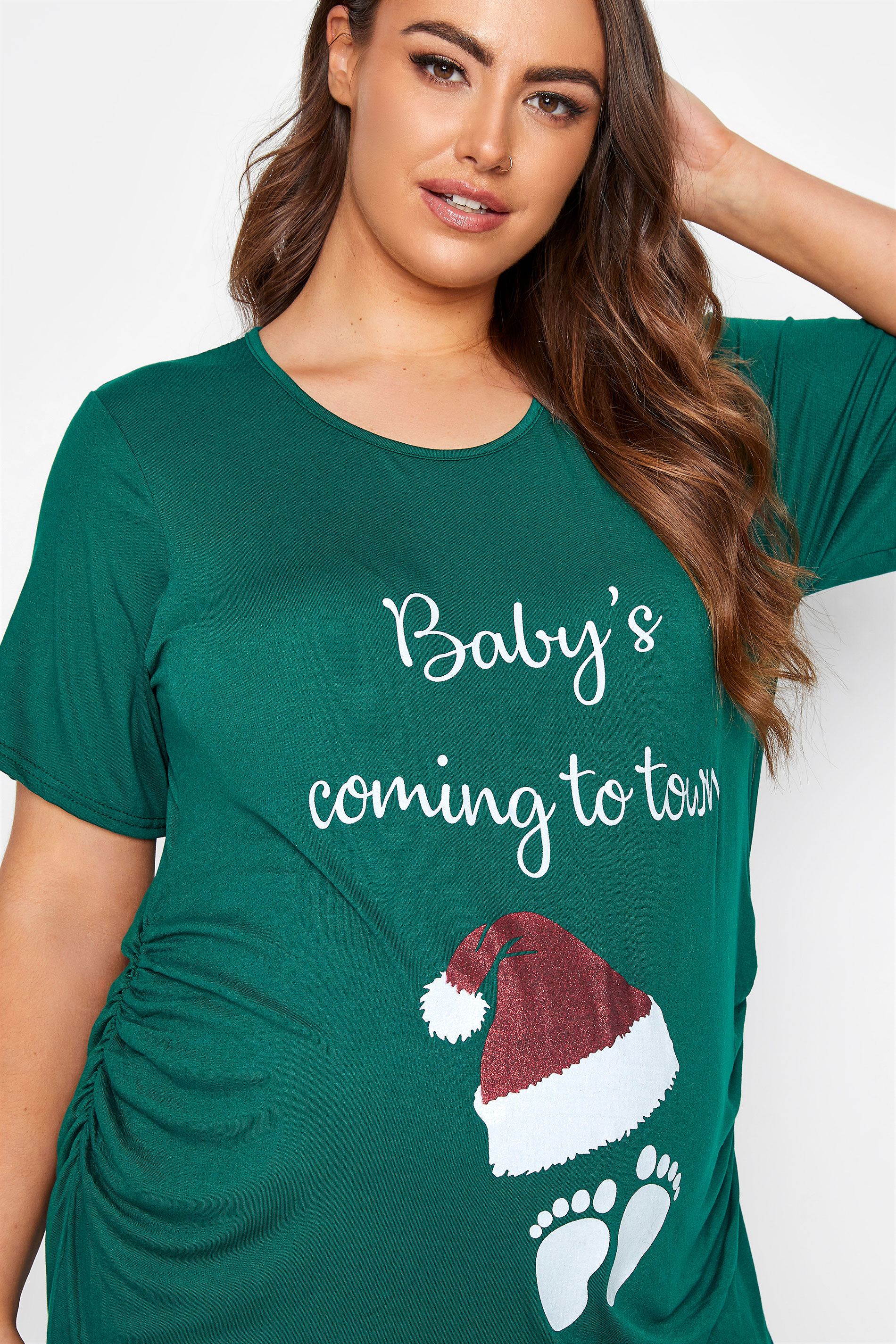 Women's Christmas Tops Maternity Long Sleeve Side Ruched Xmas Santa Baby Print Pregnancy Clothes 