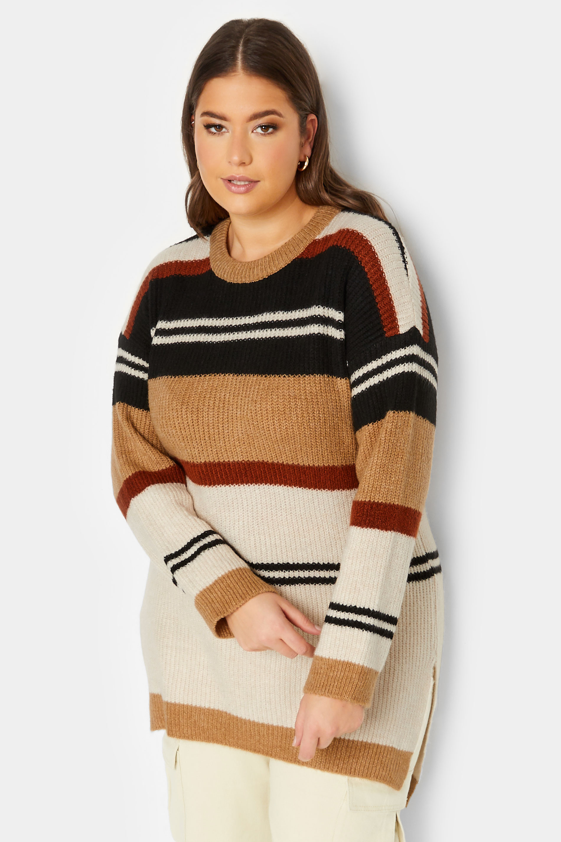 YOURS LUXURY Plus Size Brown Stripe Longline Jumper | Yours Clothing 1