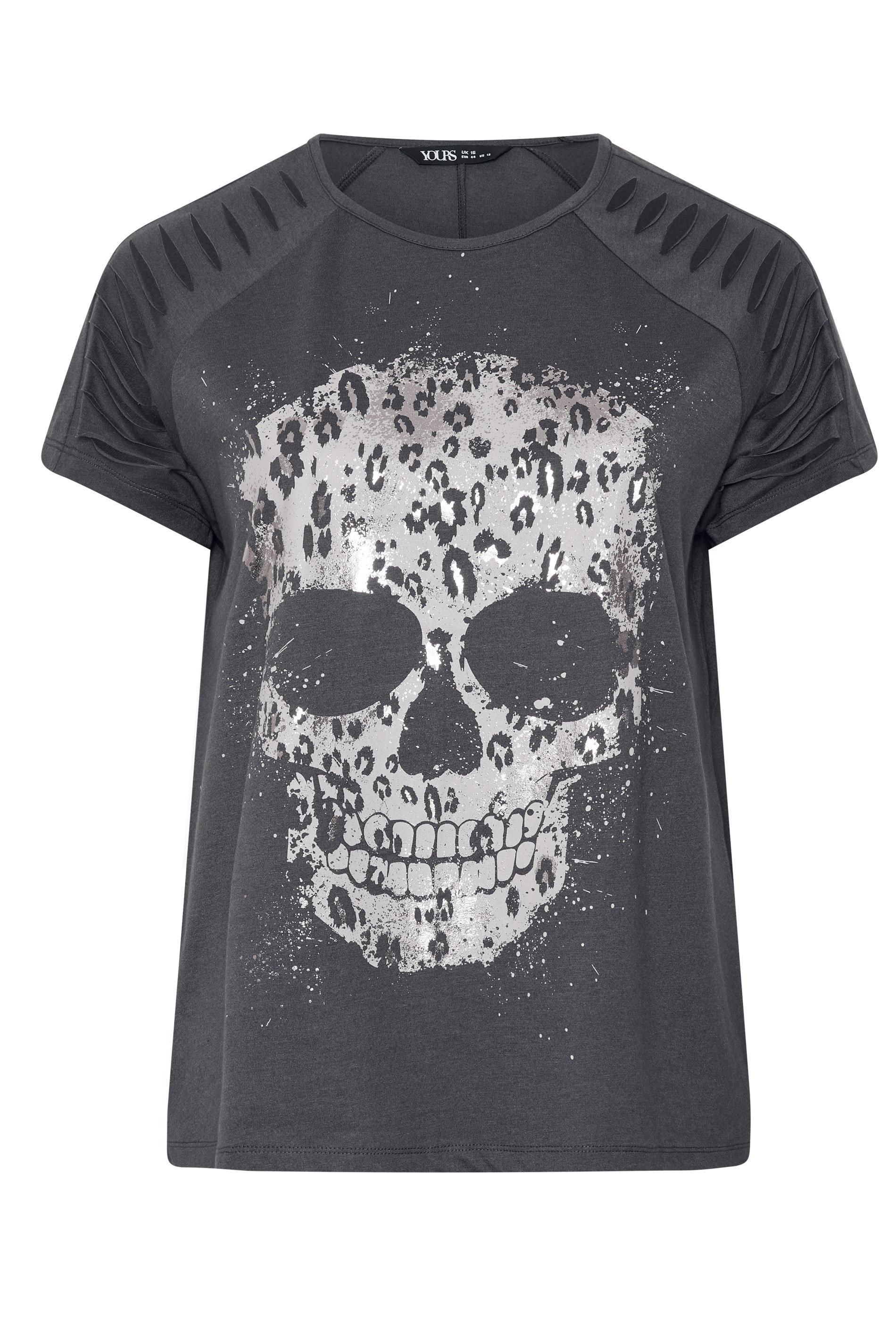 YOURS Plus Size Grey Skull Print Laser Cut T-Shirt | Yours Clothing 1