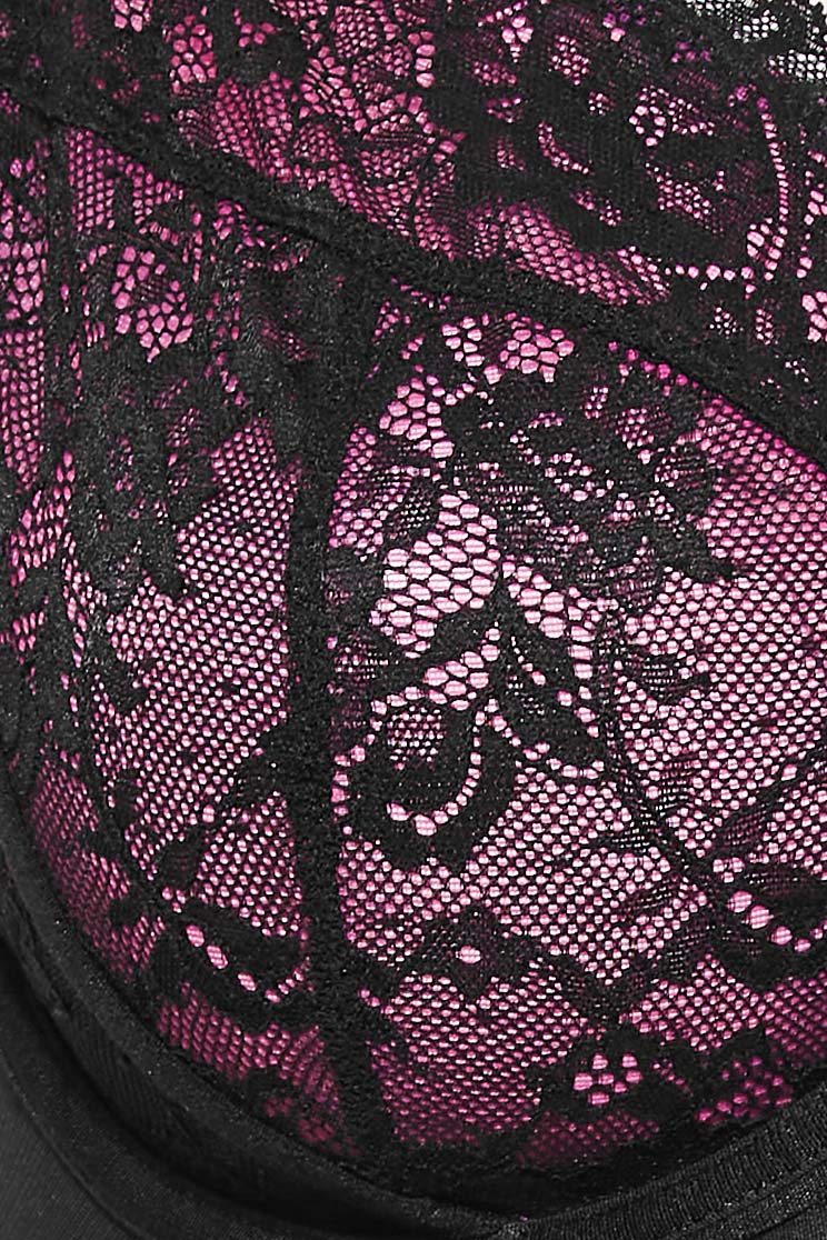 Black & Pink Lace Mesh V-Bar Non-Padded Underwired Bra | Yours Clothing 3