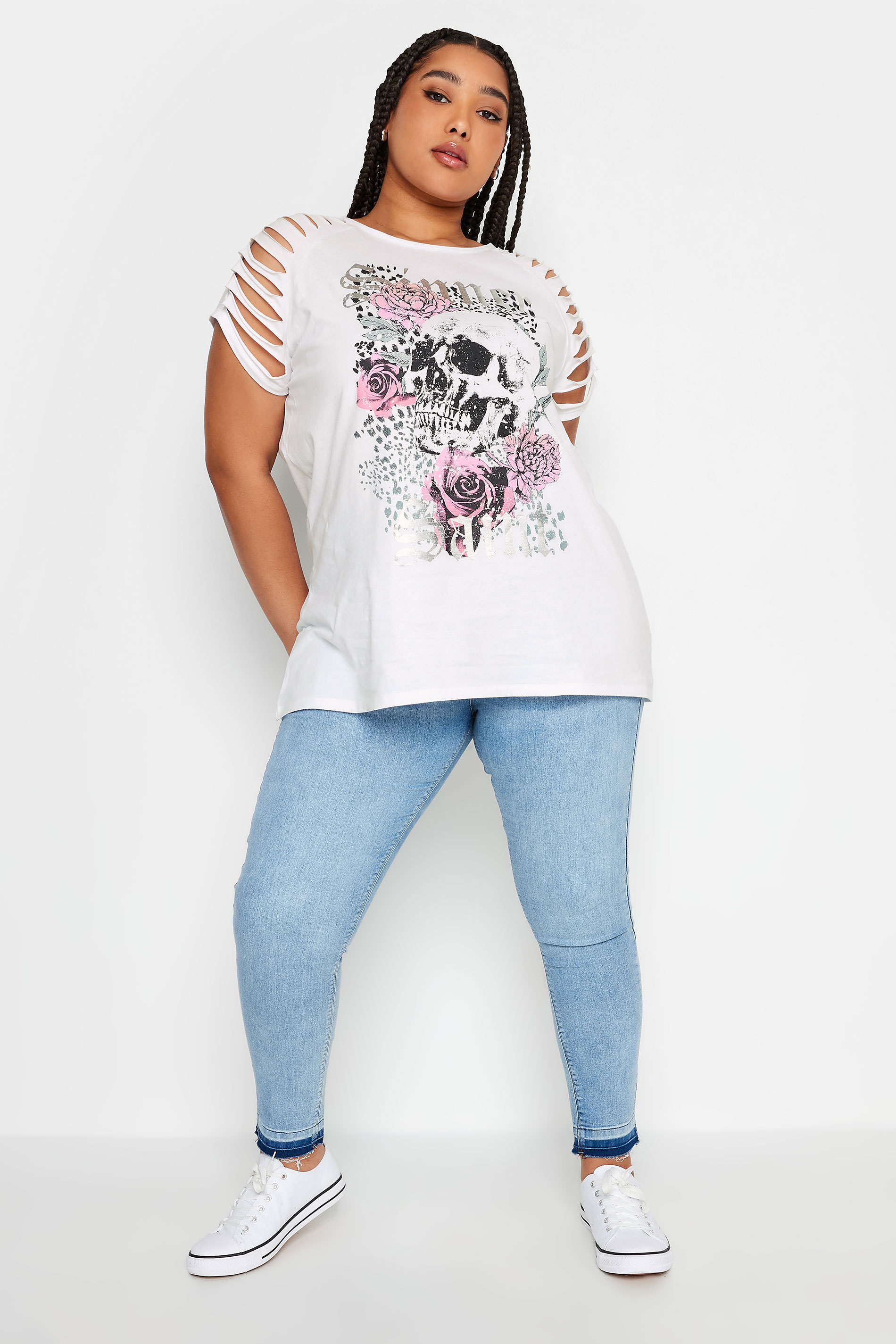 YOURS Plus Size White Skull Print Cut Out Raglan Top | Yours Clothing 2