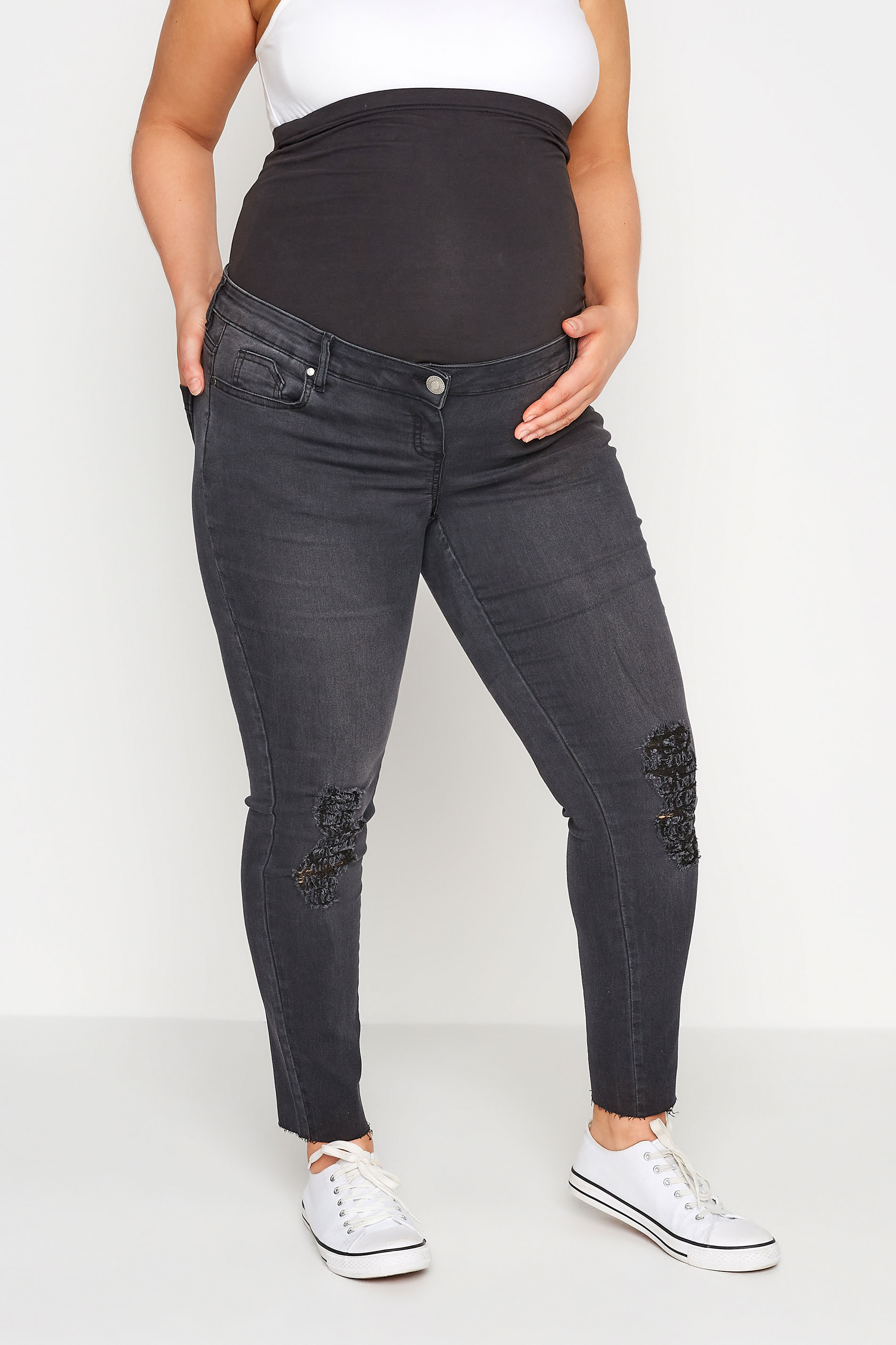BUMP IT UP MATERNITY Plus Size Black Washed Ripped AVA Jeans With Comfort Panel | Yours Clothing 2