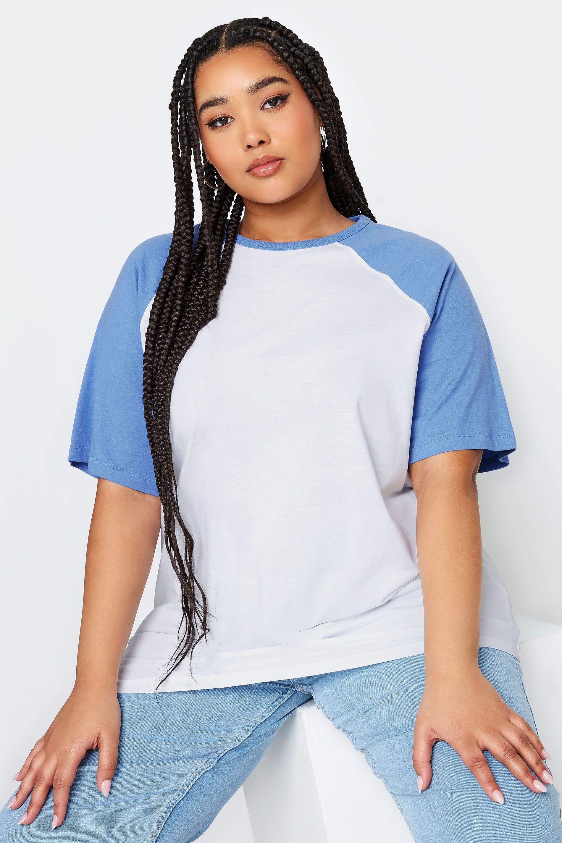 YOURS Plus Size White & Blue Raglan Sleeve T-Shirt | Yours Clothing 1