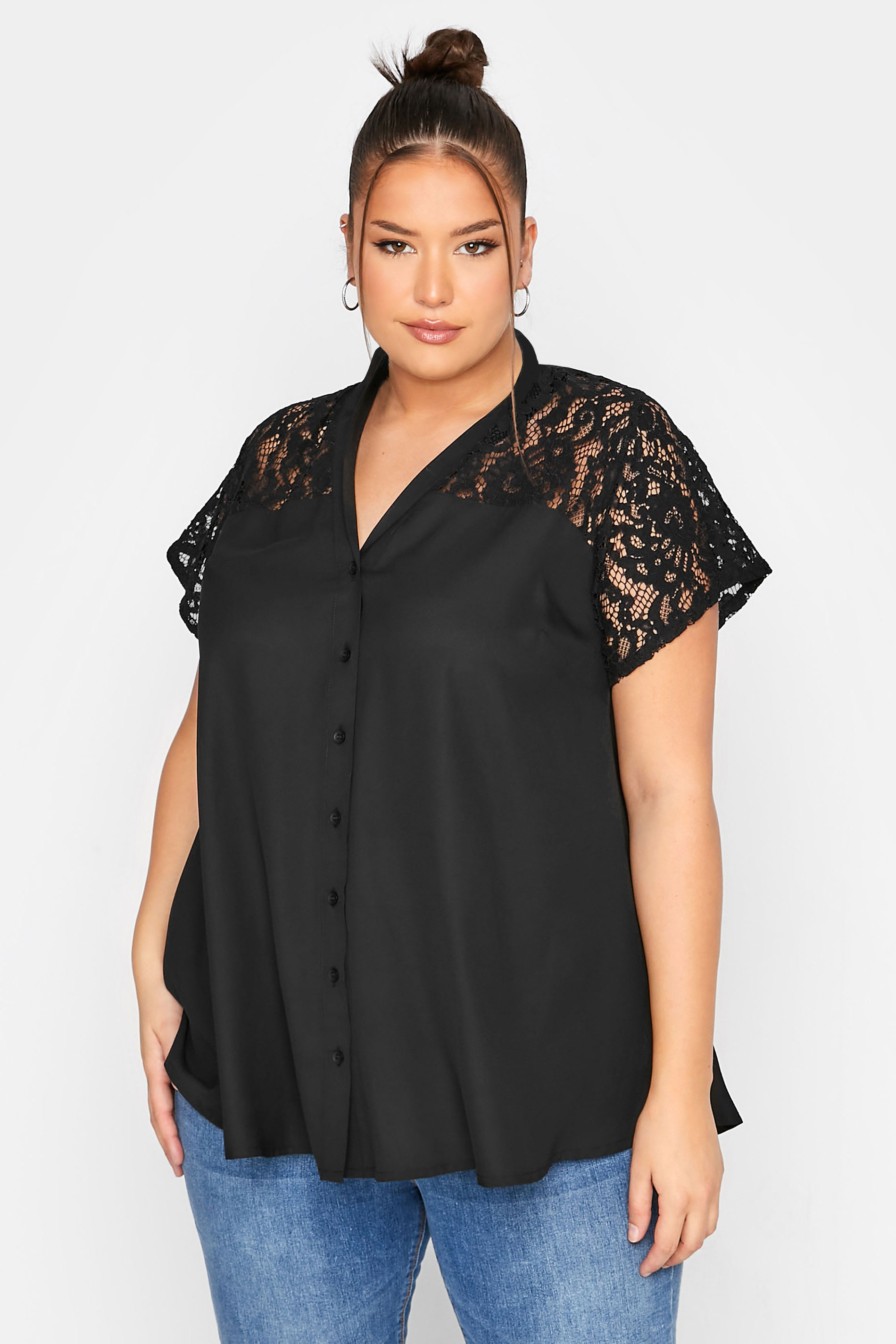 LIMITED COLLECTION Plus Size Black Lace Insert Blouse | Yours Clothing 1